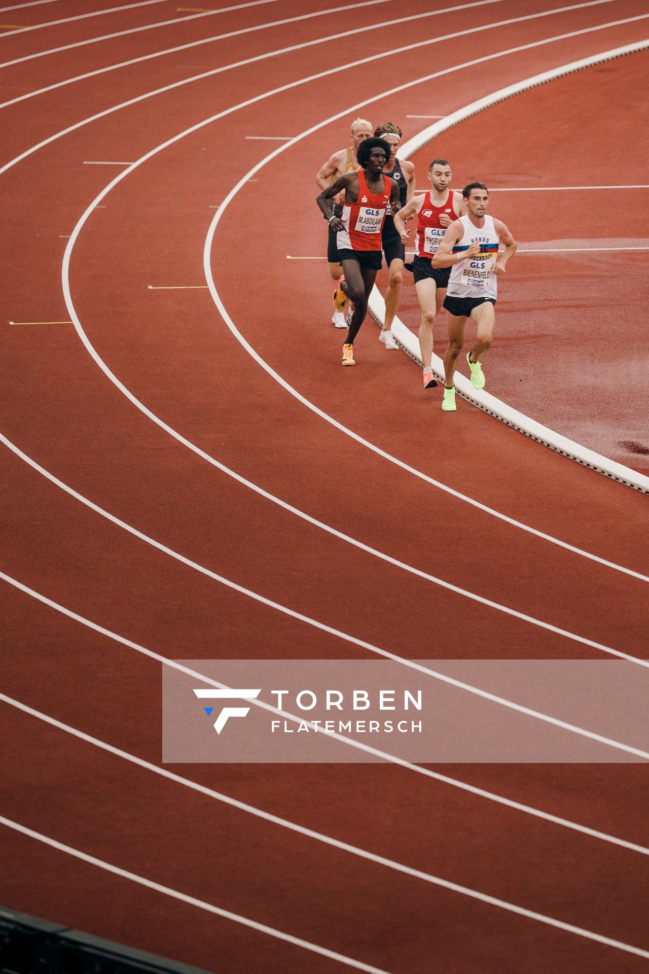 Aaron Davor Bienenfeld (SSC Hanau-Rodenbach), Maximilian Thorwirth (SFD 75 Duesseldorf-Sued), Mohamed Abdilaahi (LG Olympia Dortmund), Sam Persons (SCC Berlin), Florian Bremm (LSC Hoechstadt/Aisch) während der 113. Deutschen Leichtathletik-Meisterschaften am 09.07.2023 im Auestadion in Kassel