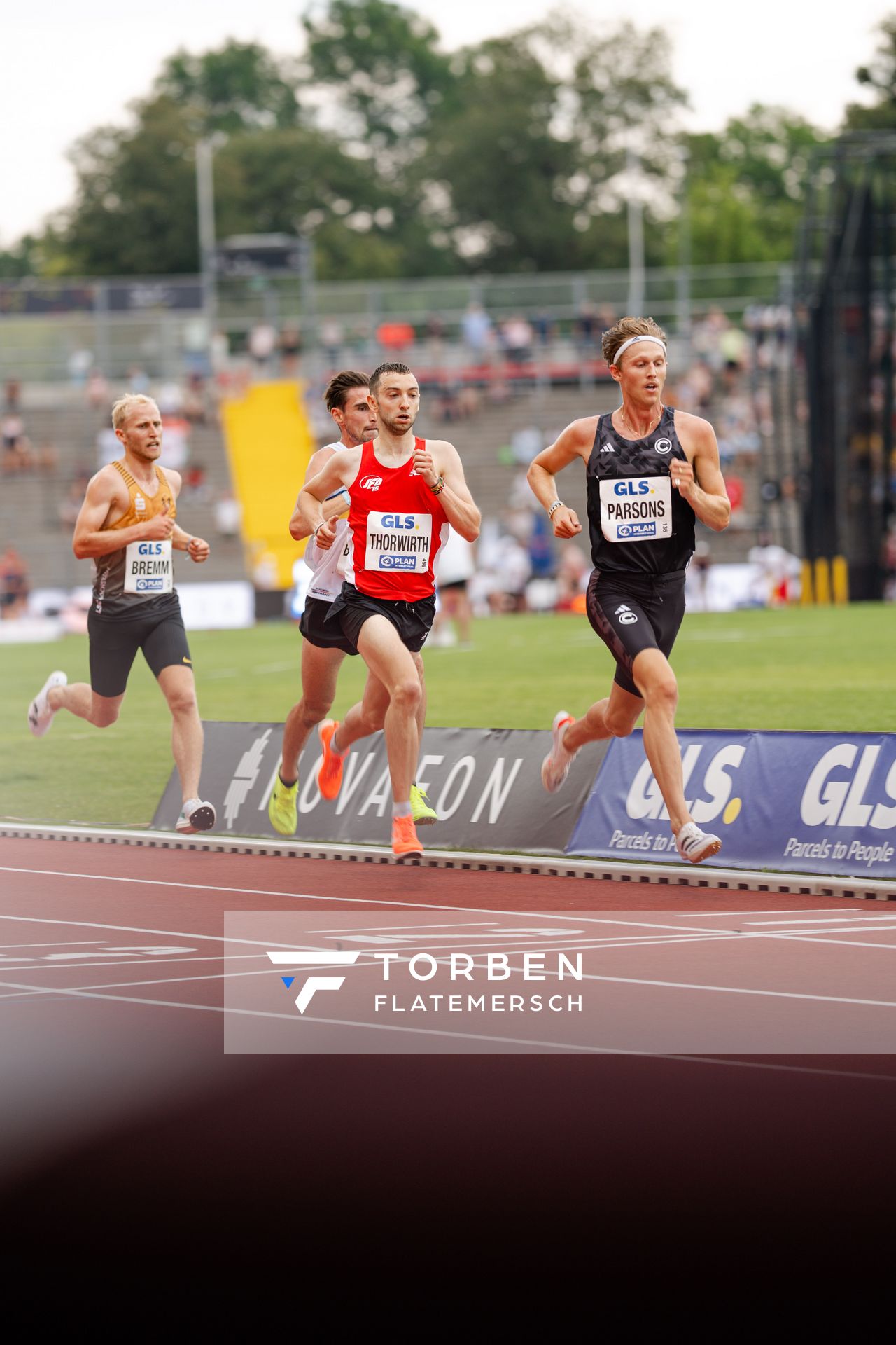 Aaron Davor Bienenfeld (SSC Hanau-Rodenbach), Maximilian Thorwirth (SFD 75 Duesseldorf-Sued), Sam Persons (SCC Berlin), Florian Bremm (LSC Hoechstadt/Aisch) während der 113. Deutschen Leichtathletik-Meisterschaften am 09.07.2023 im Auestadion in Kassel