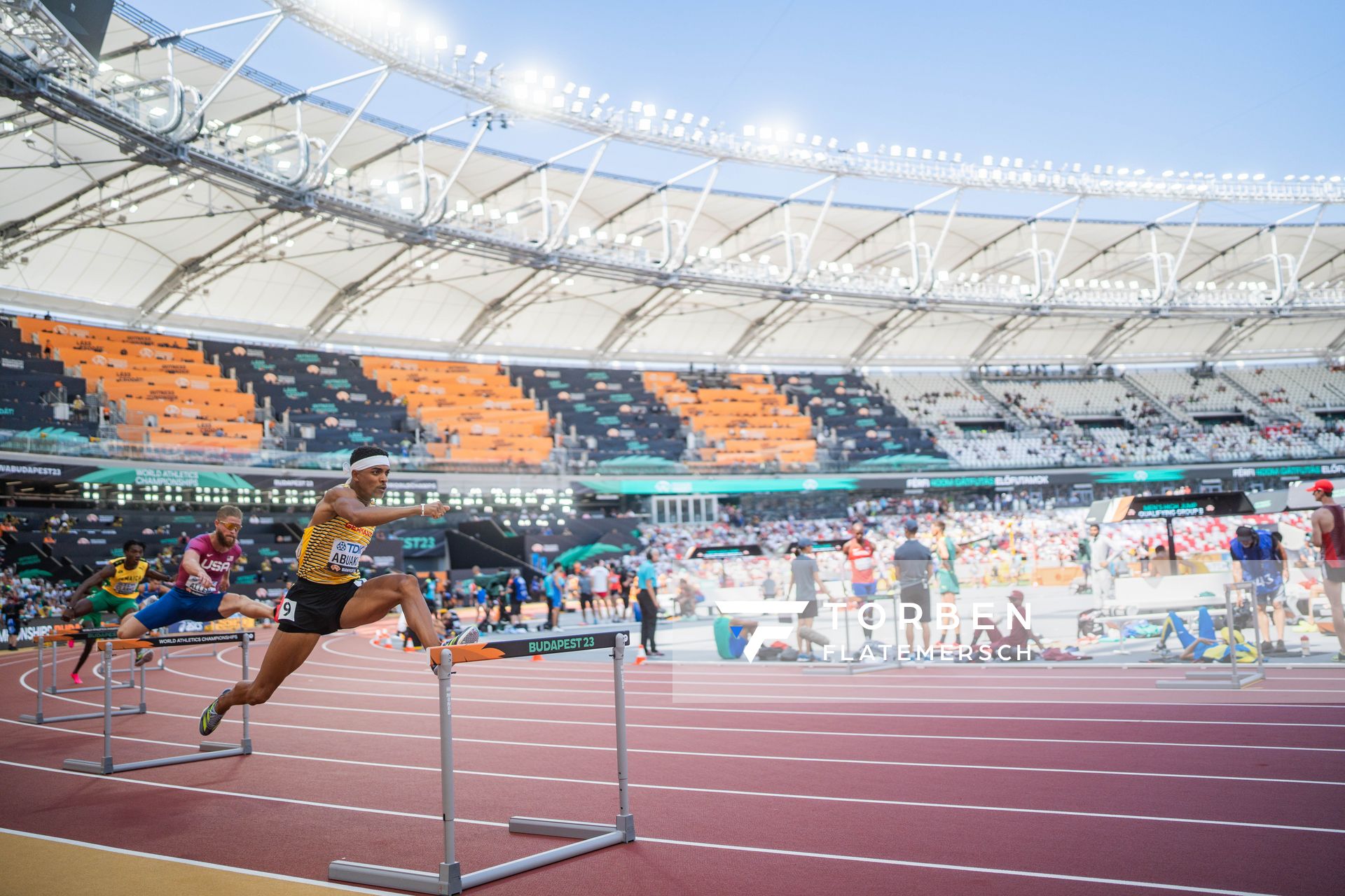 Joshua Abuaku (GER/Germany) during the 400 Metres Hurdles during day 2 of the World Athletics Championships Budapest 23 at the National Athletics Centre in Budapest, Hungary on August 20, 2023.