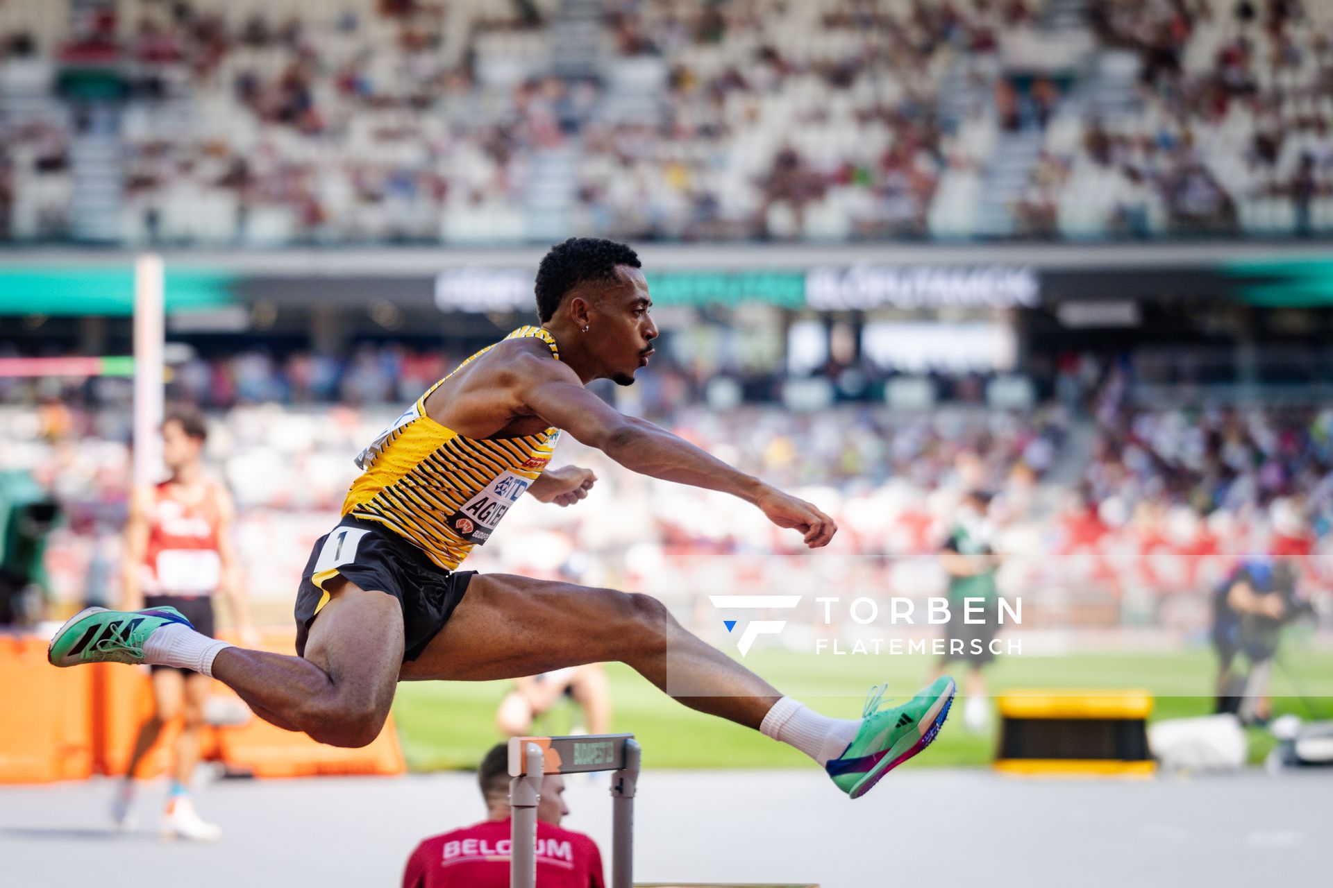 Emil Agyekum (GER/Germany) during the 400 Metres Hurdles on day 2 of the World Athletics Championships Budapest 23 at the National Athletics Centre in Budapest, Hungary on August 20, 2023.