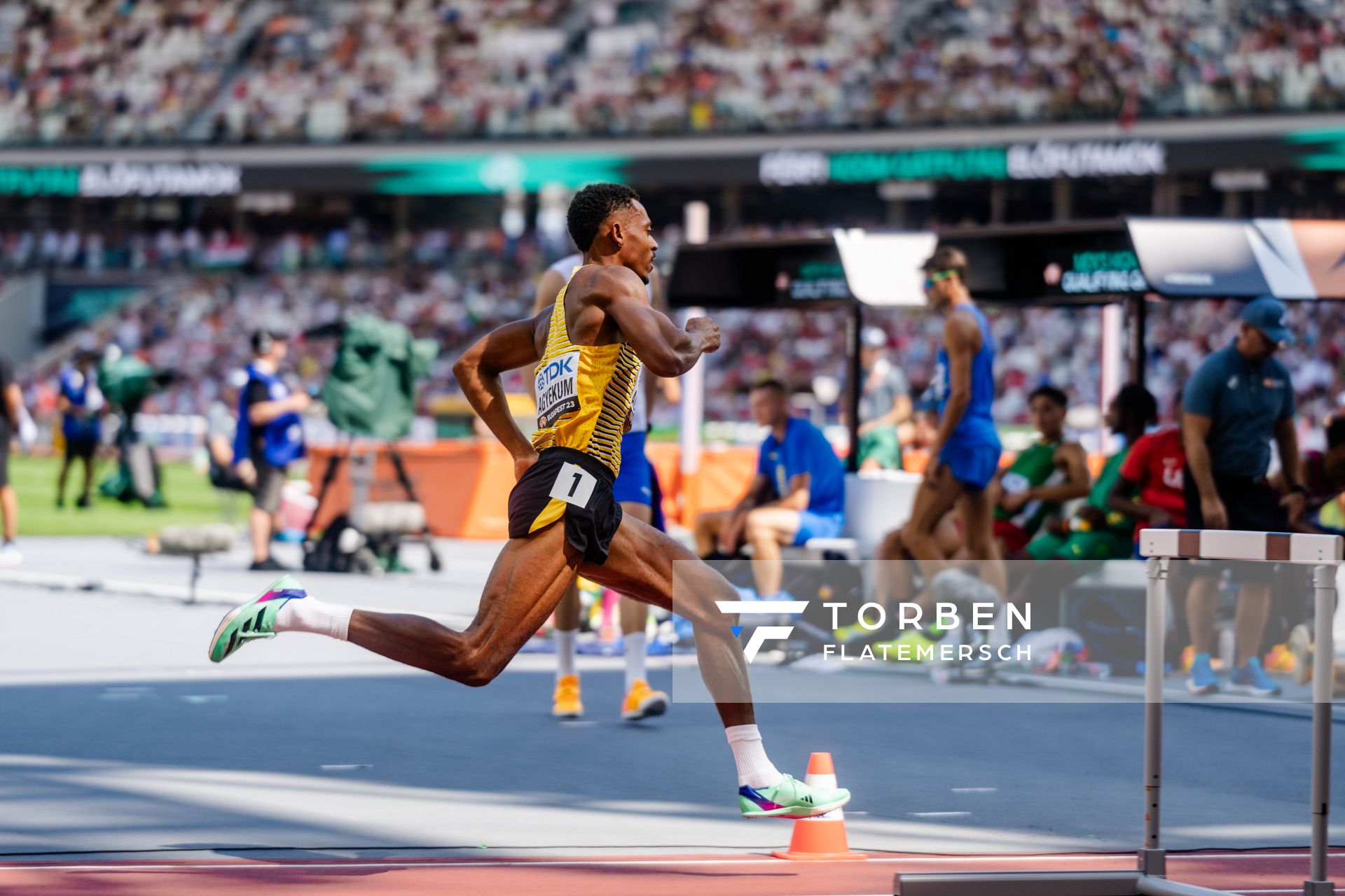 Emil Agyekum (GER/Germany) during the 400 Metres Hurdles on day 2 of the World Athletics Championships Budapest 23 at the National Athletics Centre in Budapest, Hungary on August 20, 2023.