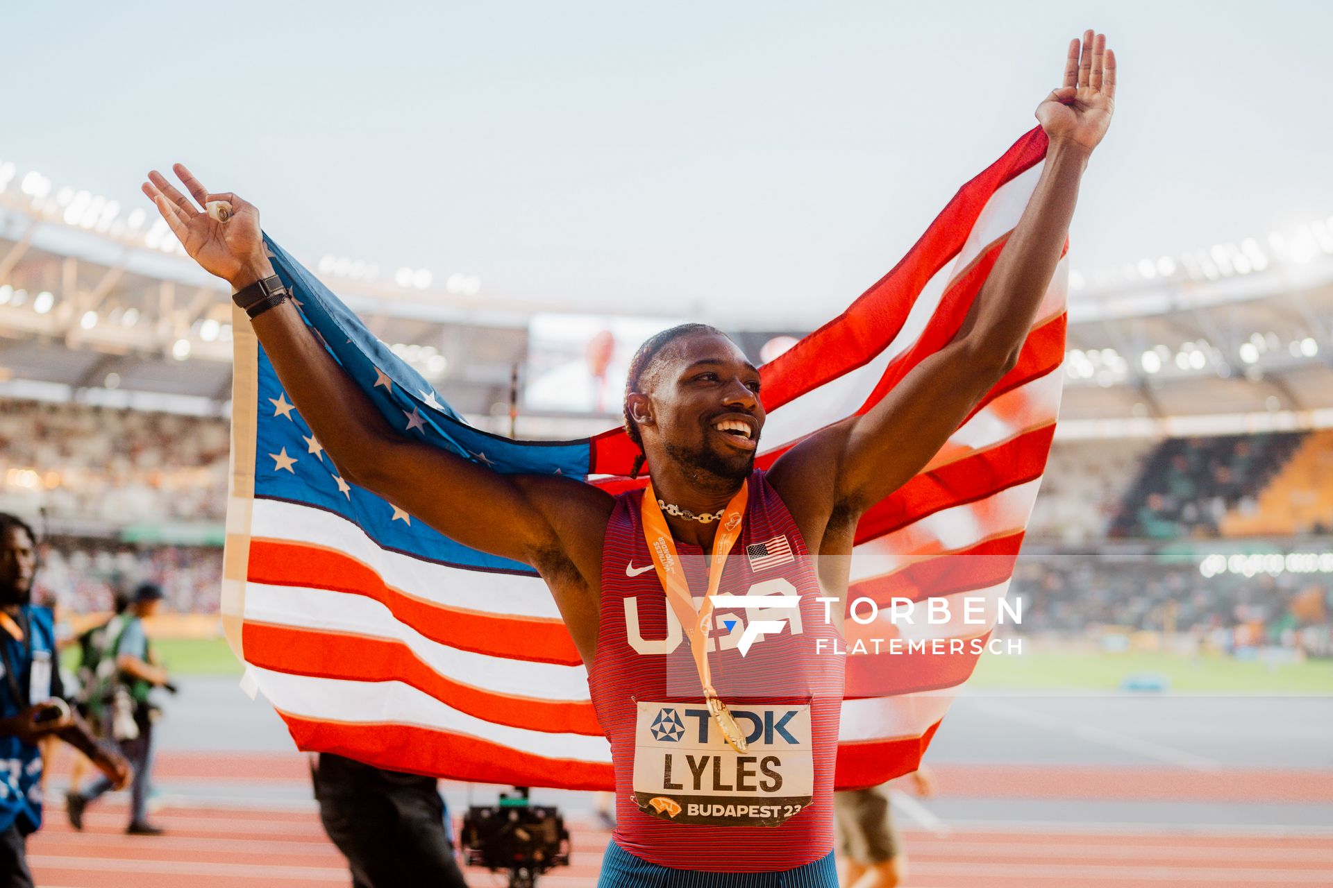 Noah Lyles (USA/United States) during Day 2 of the World Athletics Championships Budapest 23 at the National Athletics Centre in Budapest, Hungary on August 20, 2023.