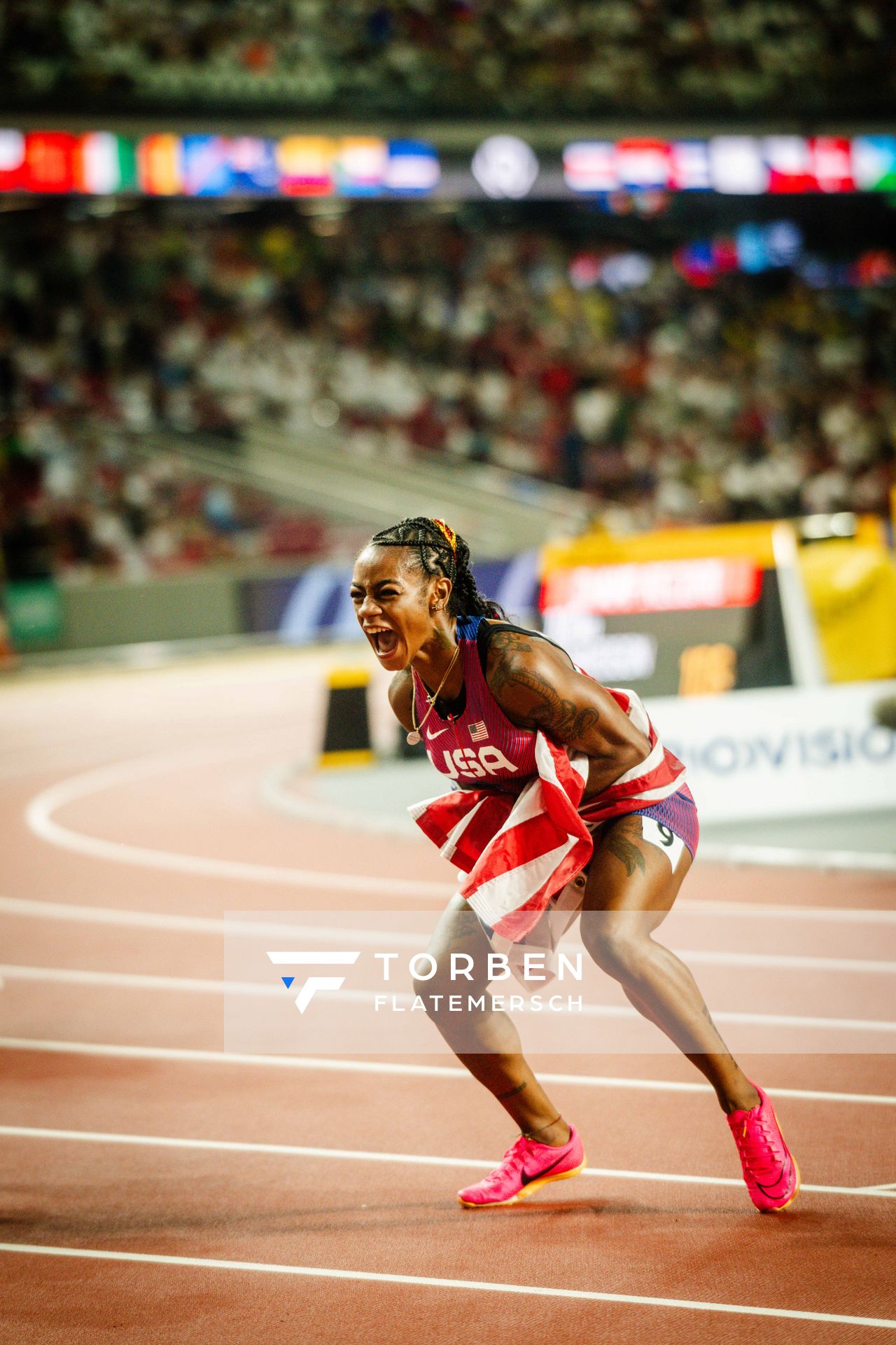 Sha'Carri Richardson (USA/United States) during the 10,000 Metres on Day 3 of the World Athletics Championships Budapest 23 at the National Athletics Centre in Budapest, Hungary on August 21, 2023.