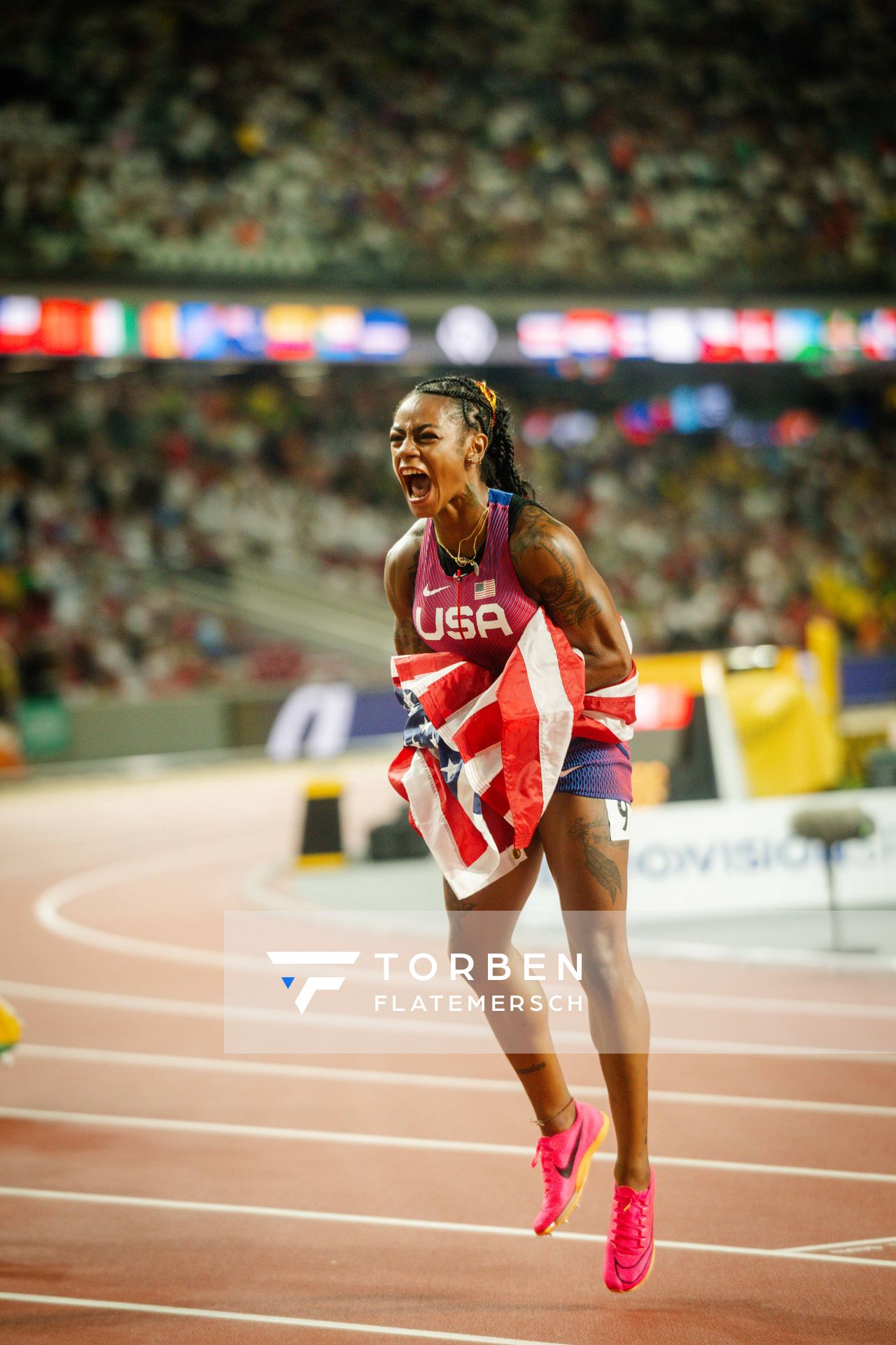 Sha'Carri Richardson (USA/United States) during the 10,000 Metres on Day 3 of the World Athletics Championships Budapest 23 at the National Athletics Centre in Budapest, Hungary on August 21, 2023.