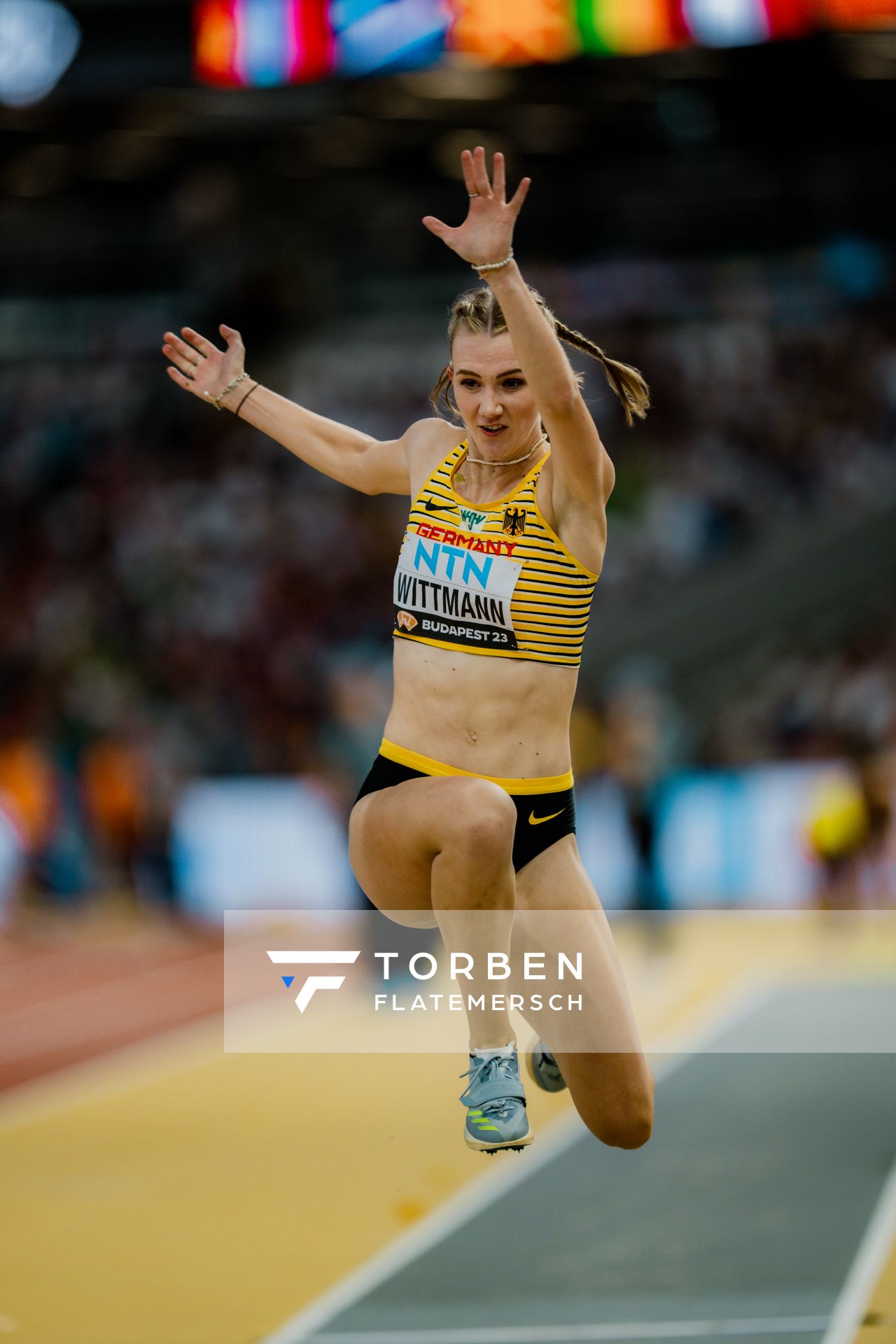 Kira Wittmann (GER/Germany) during the Triple Jump on Day 5 of the World Athletics Championships Budapest 23 at the National Athletics Centre in Budapest, Hungary on August 23, 2023.