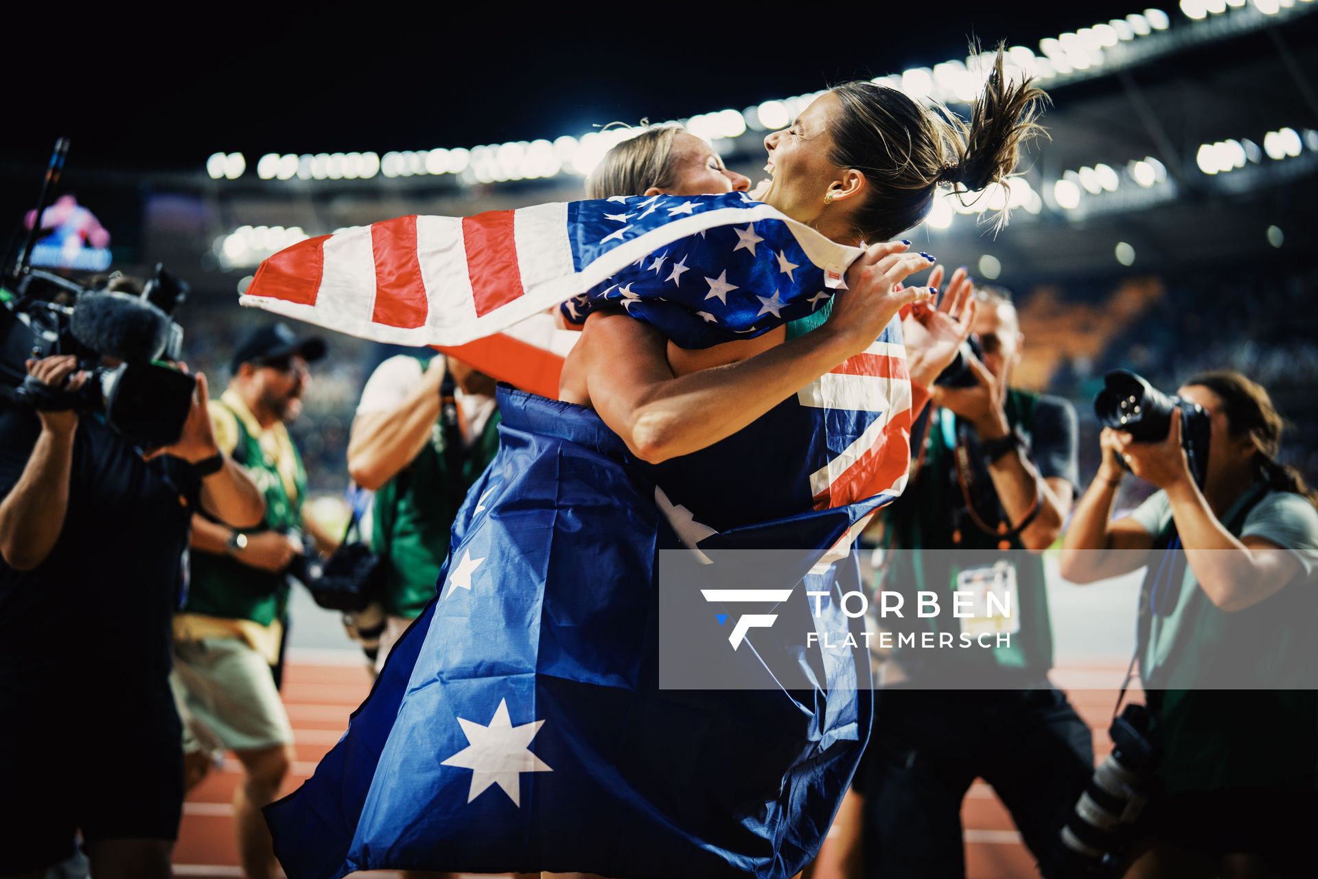 Katie Moon (USA/United States) and Nina Kennedy (AUS/Australia) on Day 5 of the World Athletics Championships Budapest 23 at the National Athletics Centre in Budapest, Hungary on August 23, 2023.