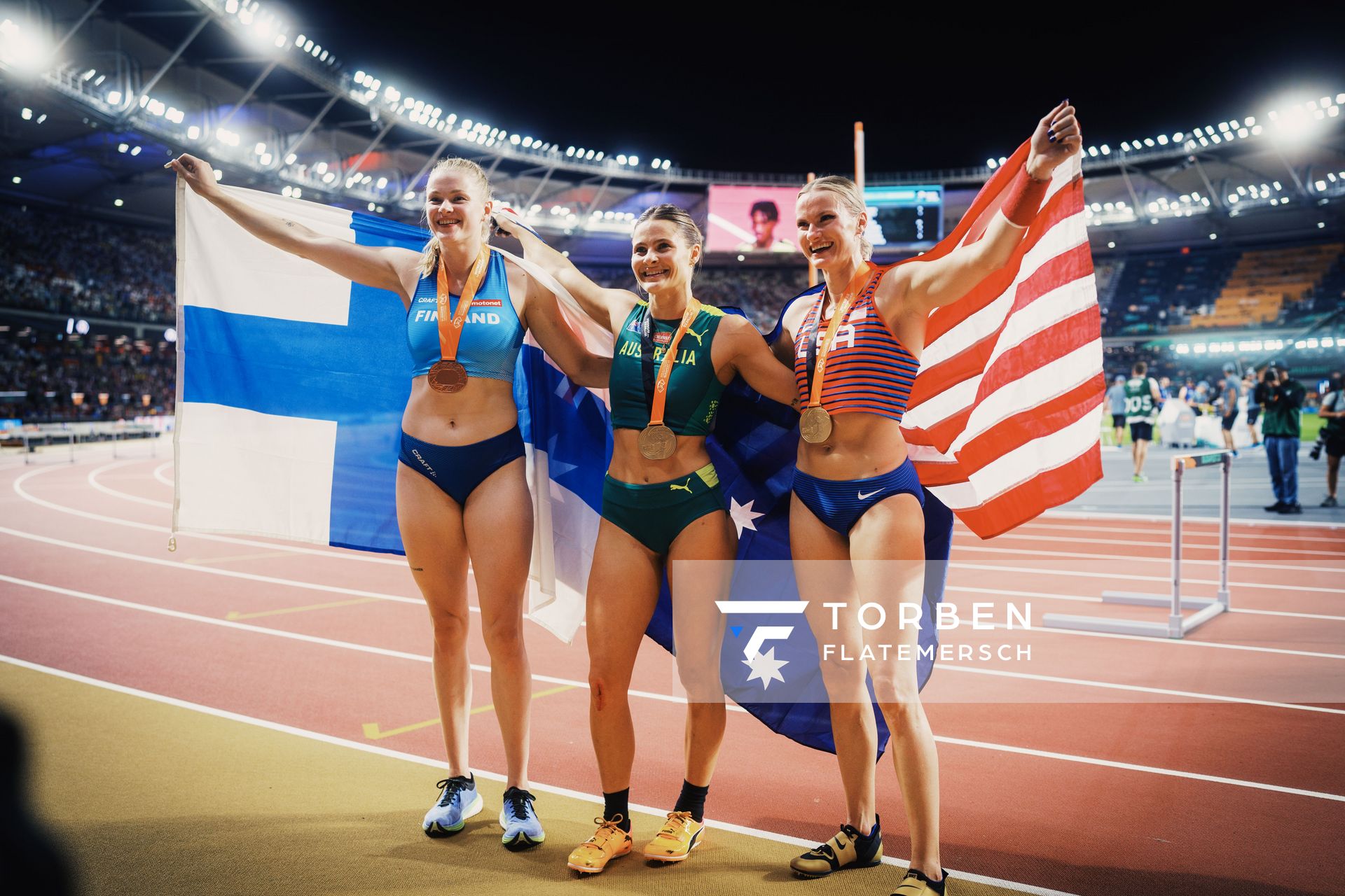 Wilma Murto (FIN/Finland), Nina Kennedy (AUS/Australia) and Katie Moon (USA/United States) on Day 5 of the World Athletics Championships Budapest 23 at the National Athletics Centre in Budapest, Hungary on August 23, 2023.