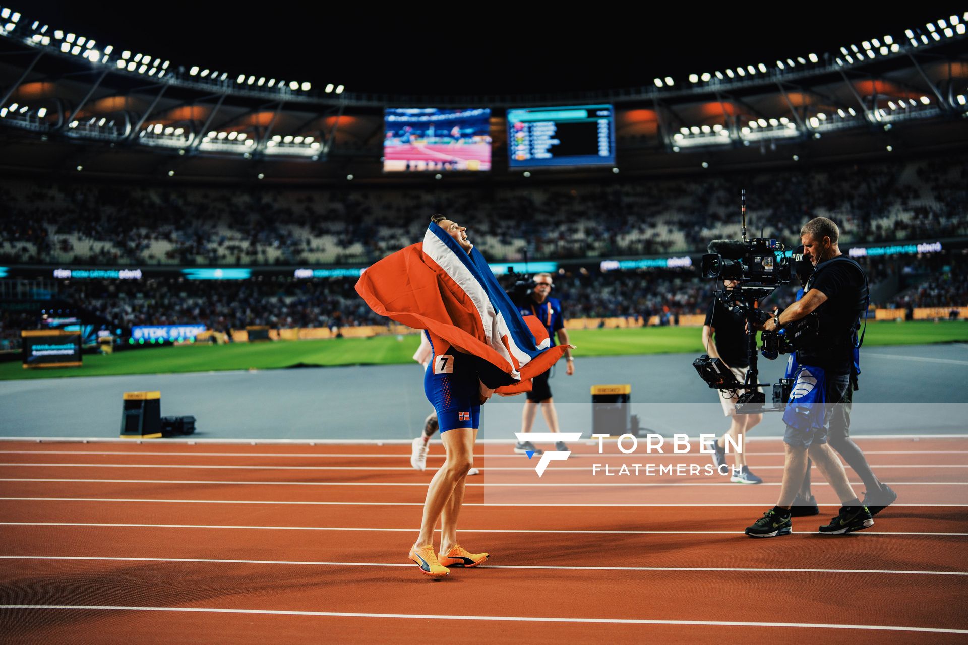 Karsten Warholm (NOR/Norway) during the 400 Metres Hurdles Final on Day 5 of the World Athletics Championships Budapest 23 at the National Athletics Centre in Budapest, Hungary on August 23, 2023.