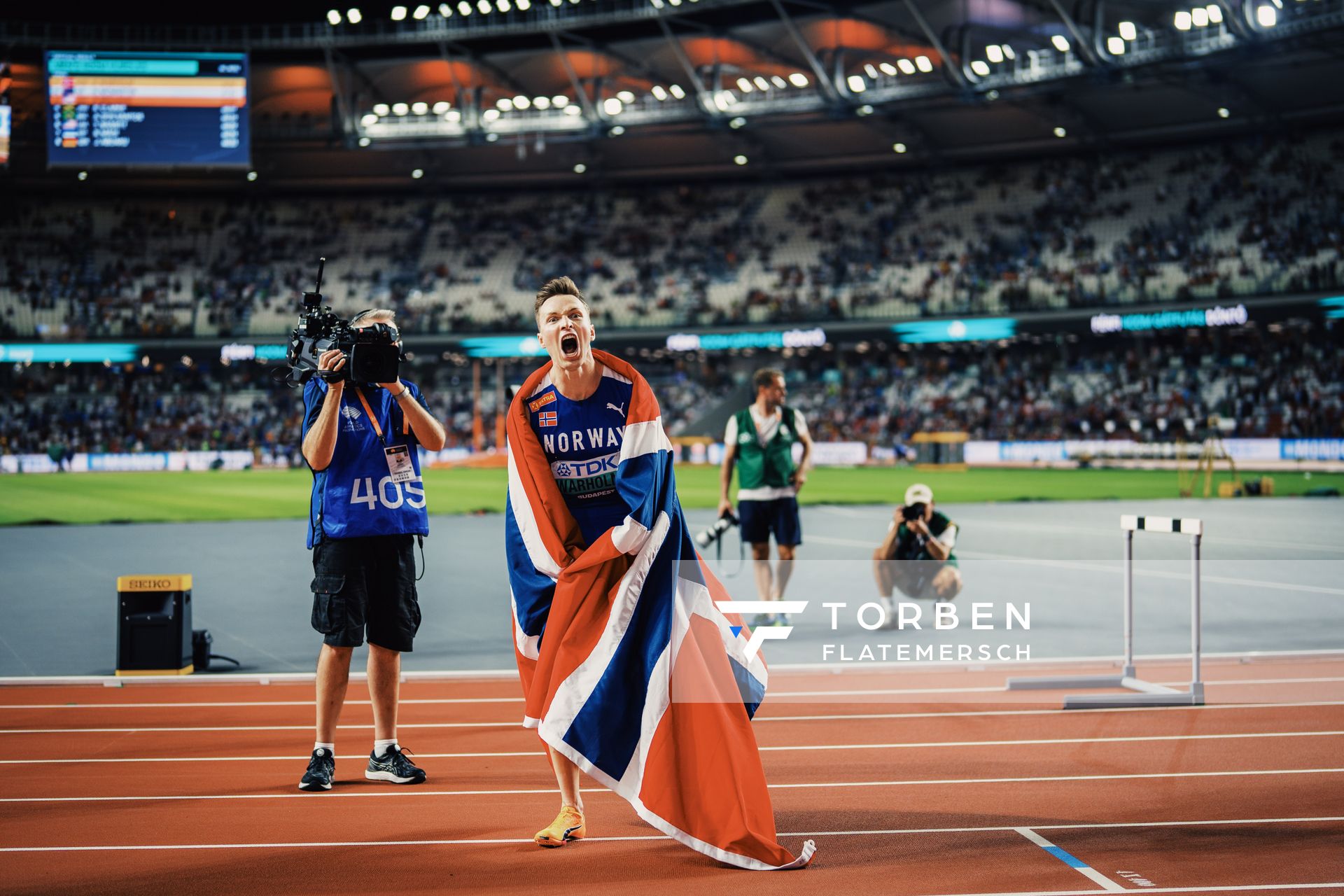 Karsten Warholm (NOR/Norway) during the 400 Metres Hurdles Final on Day 5 of the World Athletics Championships Budapest 23 at the National Athletics Centre in Budapest, Hungary on August 23, 2023.