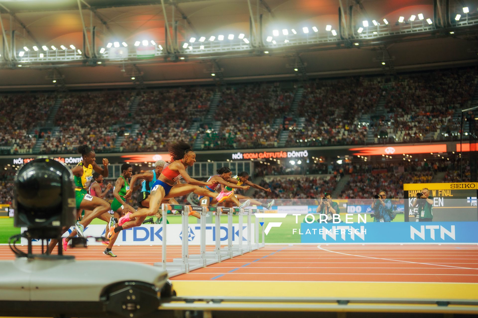 Ackera Nugent (Jamaica/JAM), Jasmine Camacho-Quinn (Puerto Rico/PUR) during the 100m Hurdles on Day 6 of the World Athletics Championships Budapest 23 at the National Athletics Centre in Budapest, Hungary on August 24, 2023.