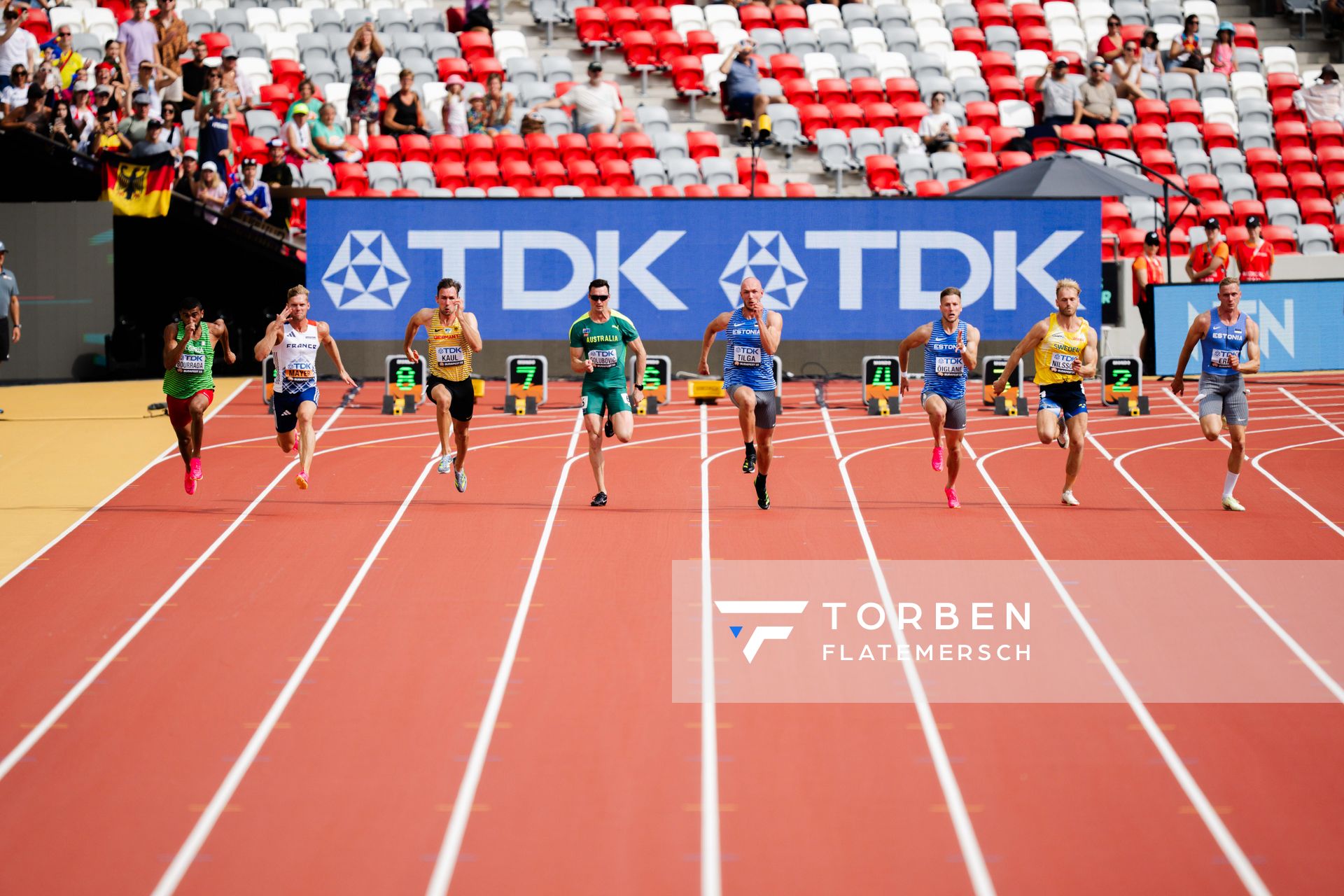 Larbi Bourrada (ALG/Algeria), Kevin Mayer (FRA/France), Niklas Kaul (GER/Germany), Daniel Golubovic (AUS/Australia), Karel Tilga (EST/Estonia), Janek Õiglane (EST/Estonia), Marcus Nilsson (SWE/Sweden), Johannes Erm (EST/Estonia) on Day 7 of the World Athletics Championships Budapest 23 at the National Athletics Centre in Budapest, Hungary on August 25, 2023.