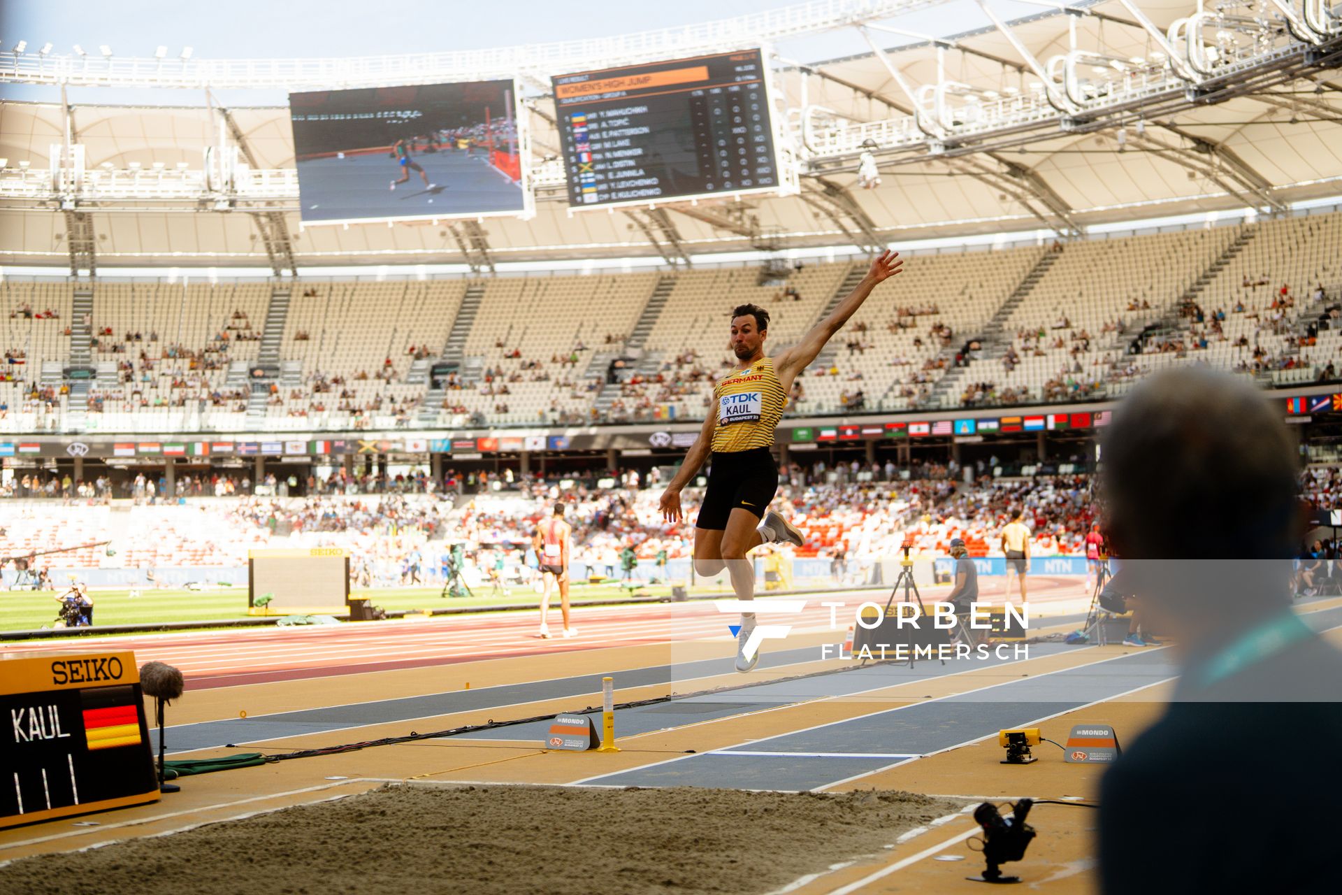 Niklas Kaul (GER/Germany) during the Decathlon Long Jump on Day 6 of the World Athletics Championships Budapest 23 at the National Athletics Centre in Budapest, Hungary on August 24, 2023.