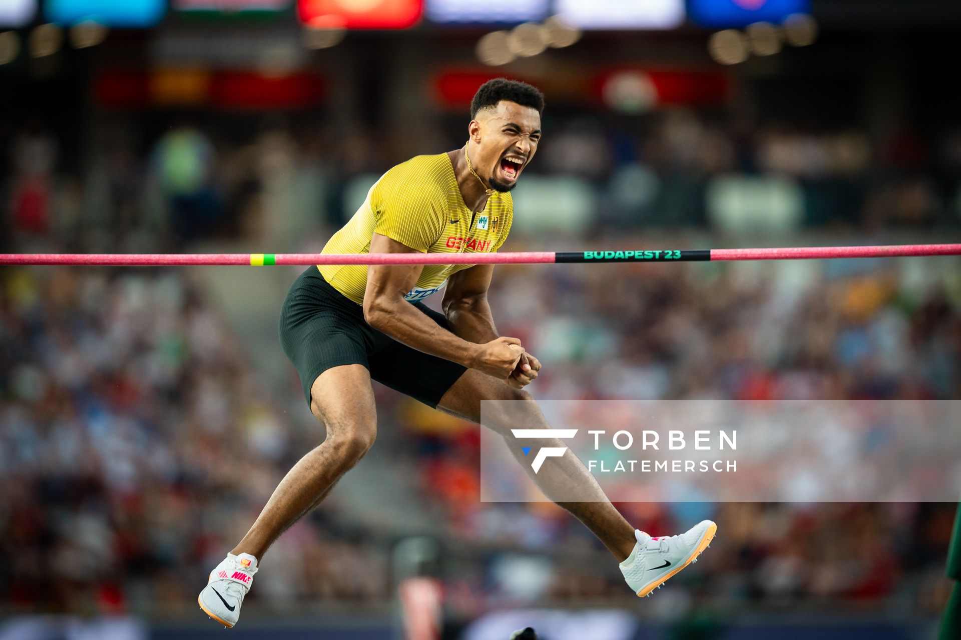 Leo Neugebauer (GER/Germany) during the Decathlon High Jump on Day 7 of the World Athletics Championships Budapest 23 at the National Athletics Centre in Budapest, Hungary on August 25, 2023.