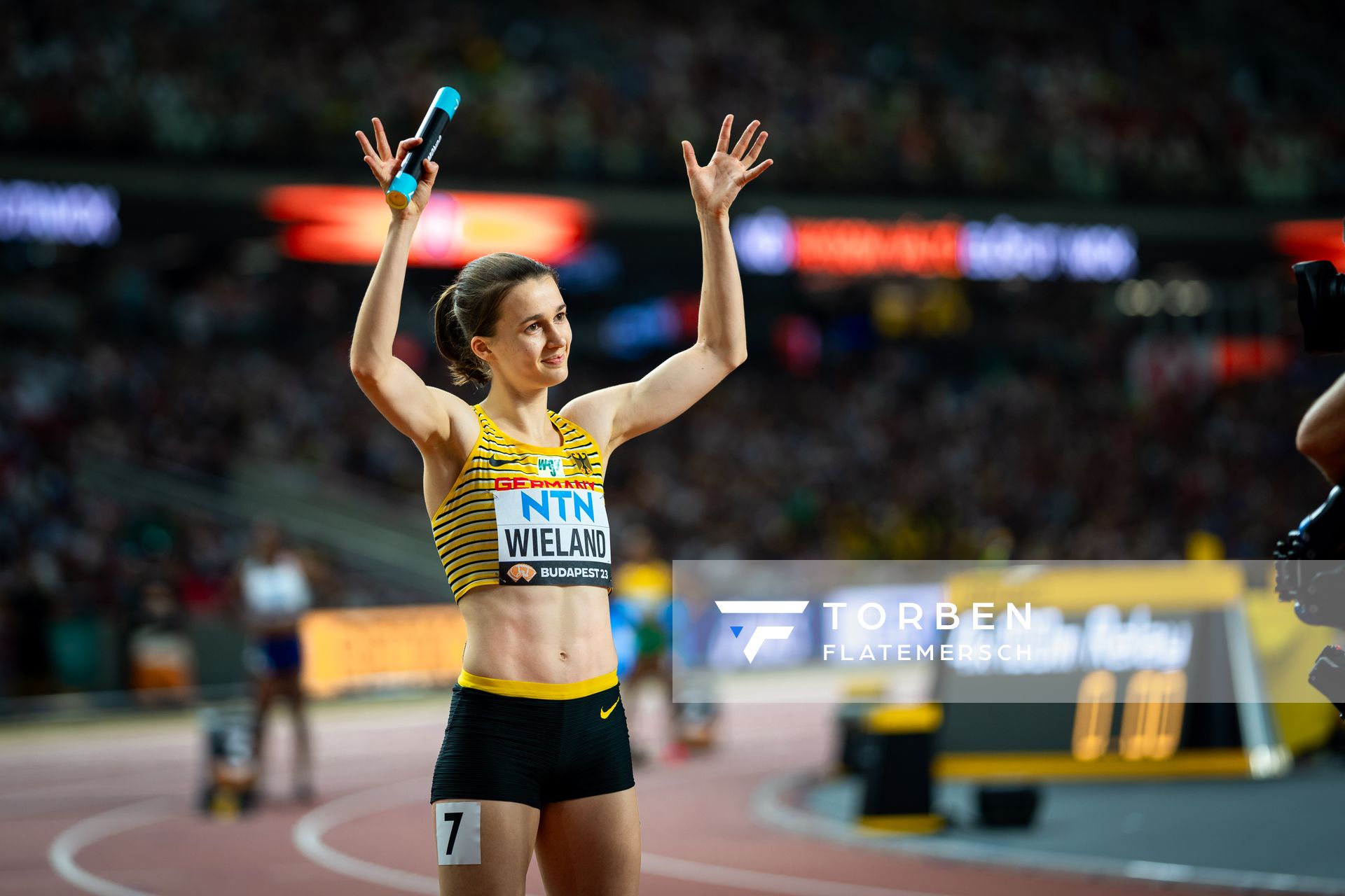 Louise Wieland (GER/Germany) during the 4x100 Metres Relay on Day 7 of the World Athletics Championships Budapest 23 at the National Athletics Centre in Budapest, Hungary on August 25, 2023.