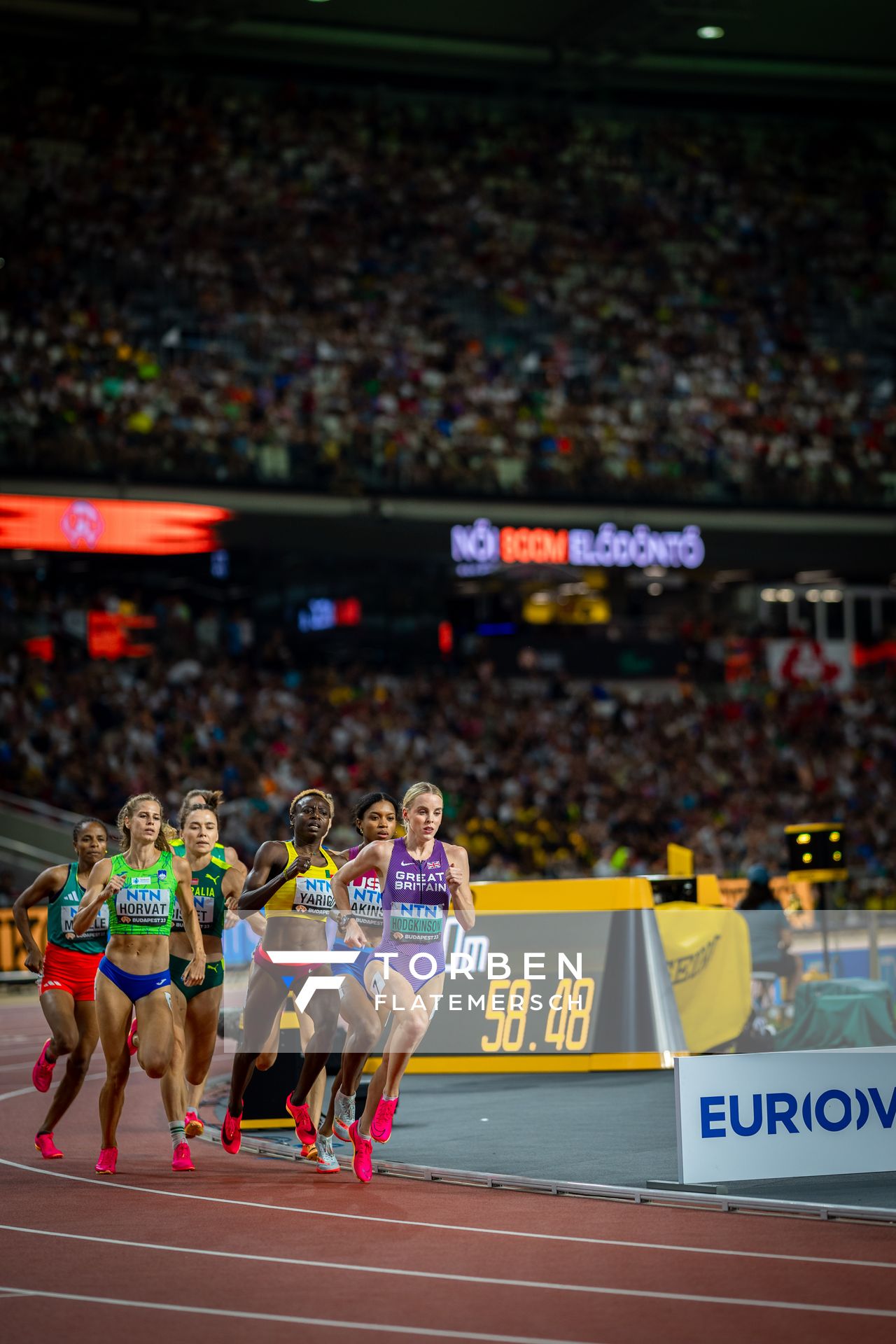 Keely Hodgkinson (GBR/Great Britain & N.I.), Anita Horvat (SLO/Slovenia), Noélie Yarigo (BEN/Benin) on Day 7 of the World Athletics Championships Budapest 23 at the National Athletics Centre in Budapest, Hungary on August 25, 2023.