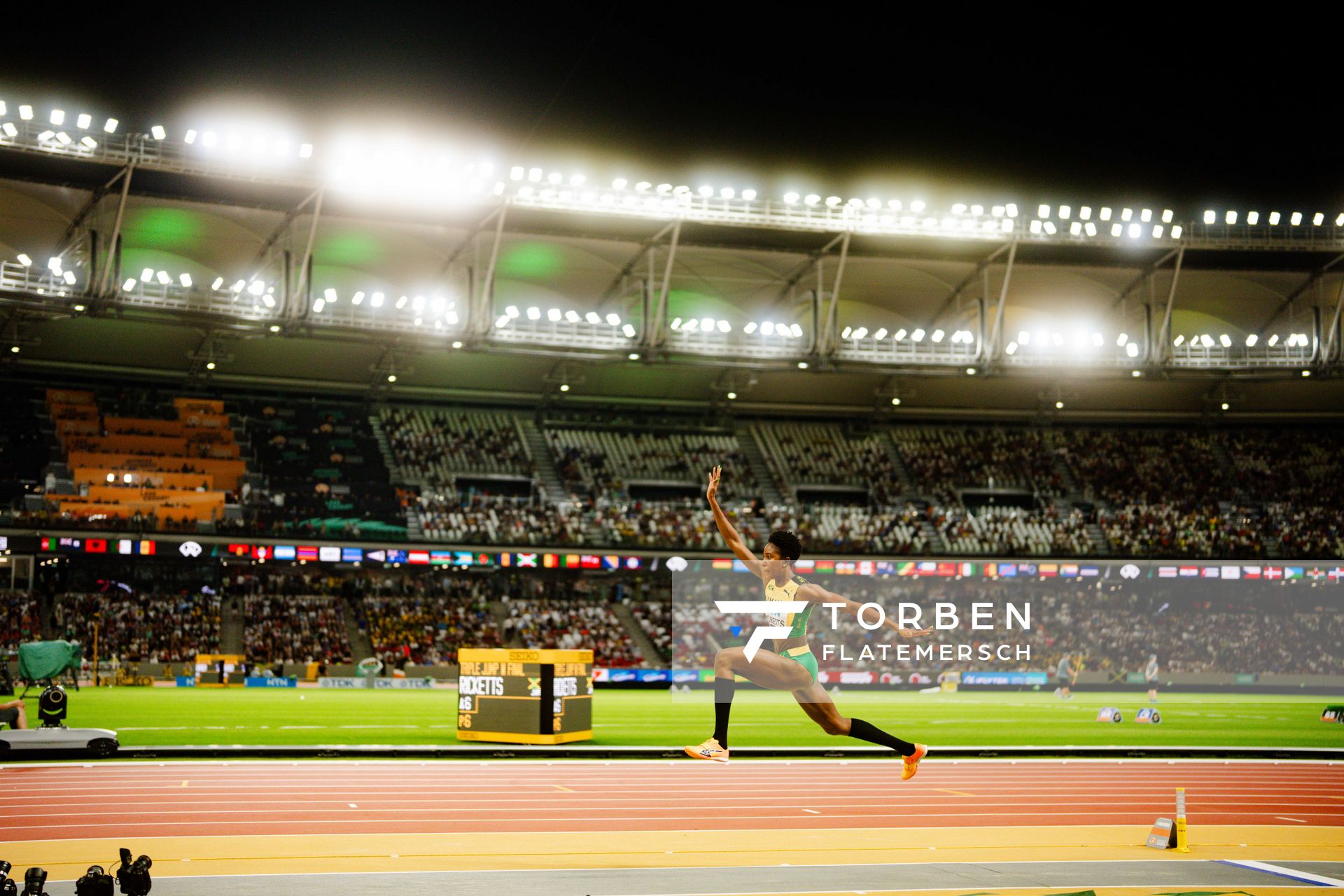 Shanieka Ricketts (JAM/Jamaica) during the Triple Jump Final on Day 7 of the World Athletics Championships Budapest 23 at the National Athletics Centre in Budapest, Hungary on August 25, 2023.