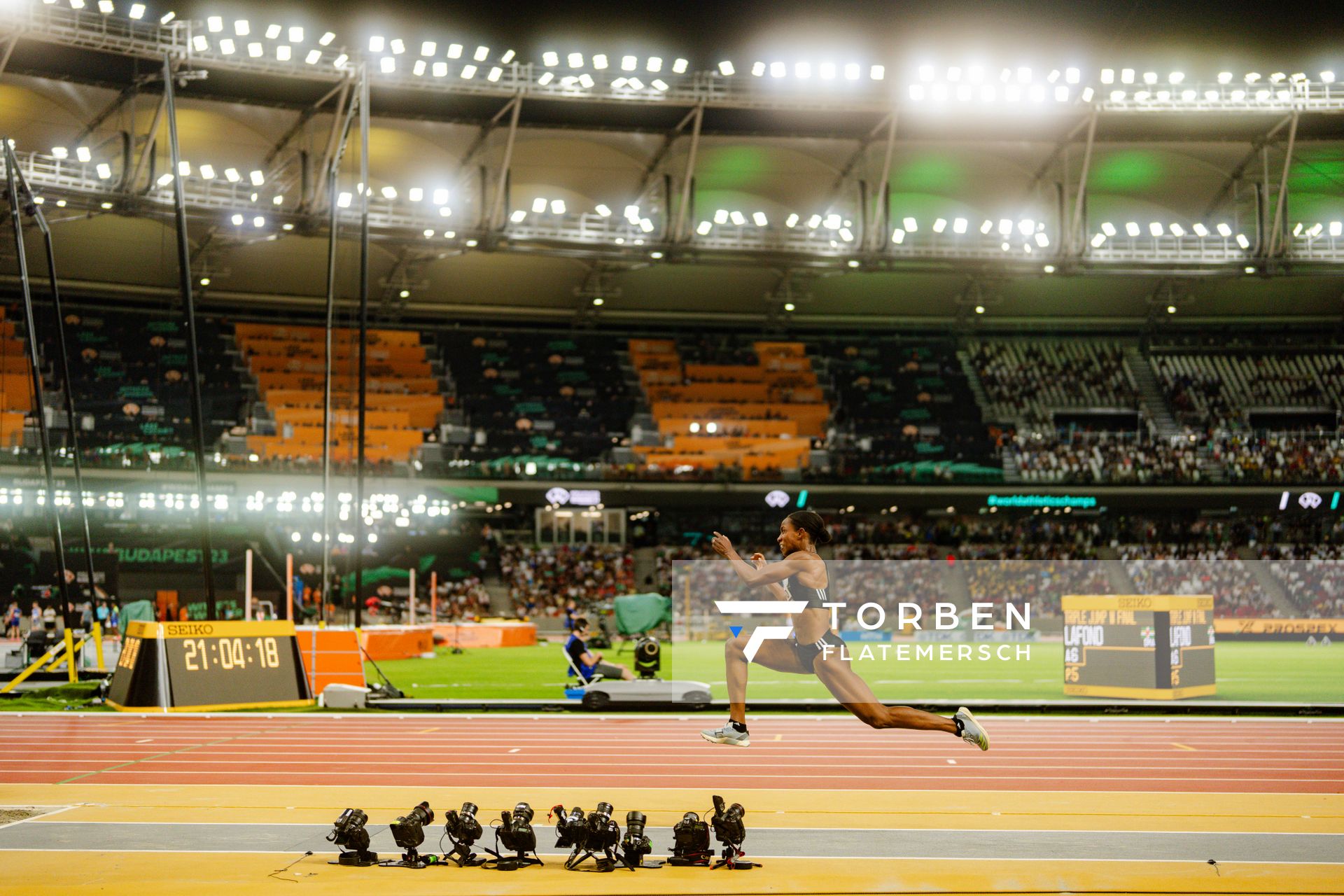 Thea Lafond (DMA/Commonwealth Of Dominica) during the Triple Jump on Day 7 of the World Athletics Championships Budapest 23 at the National Athletics Centre in Budapest, Hungary on August 25, 2023.