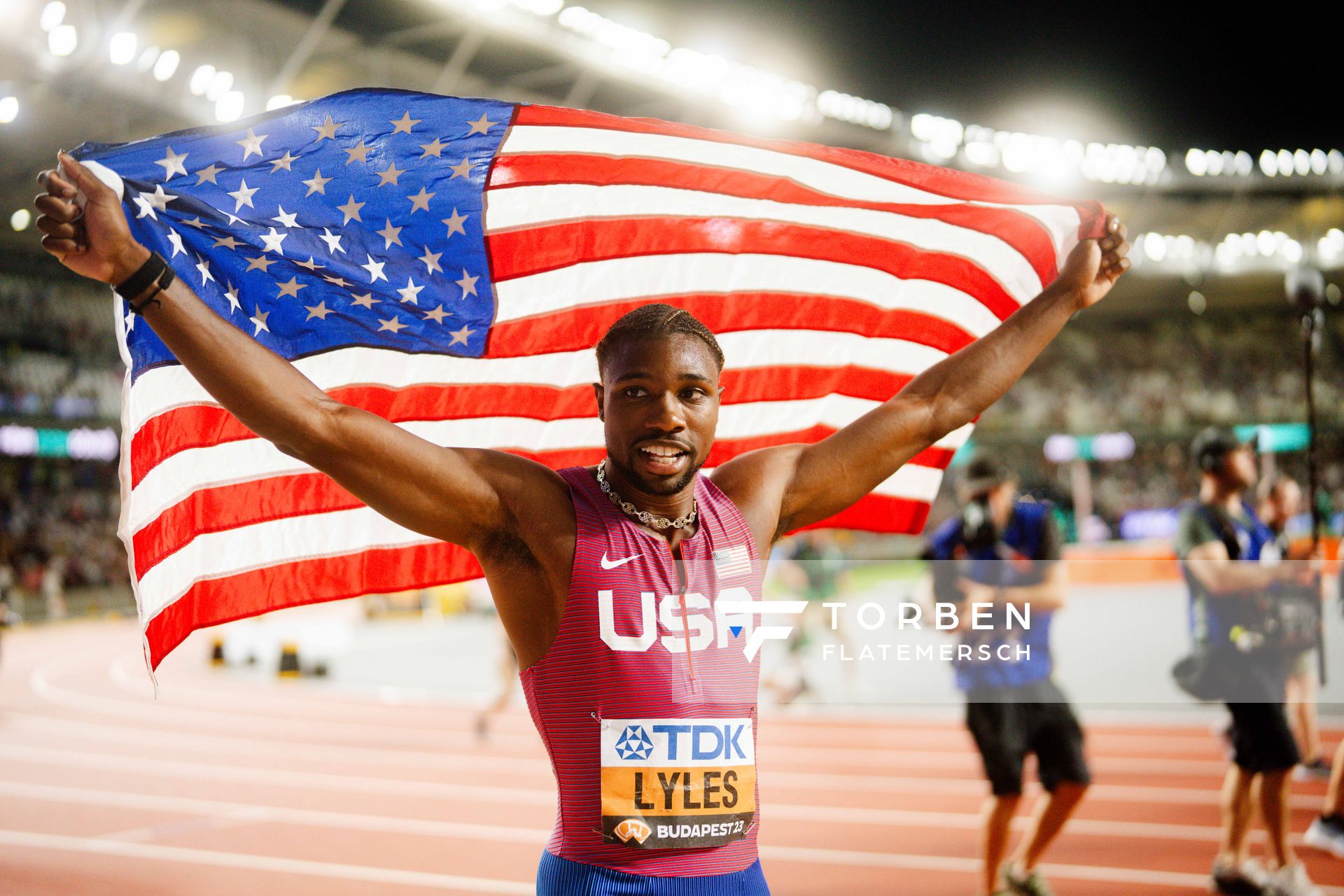 Noah Lyles (USA/United States) during the 200 Metres Final on Day 7 of the World Athletics Championships Budapest 23 at the National Athletics Centre in Budapest, Hungary on August 25, 2023.