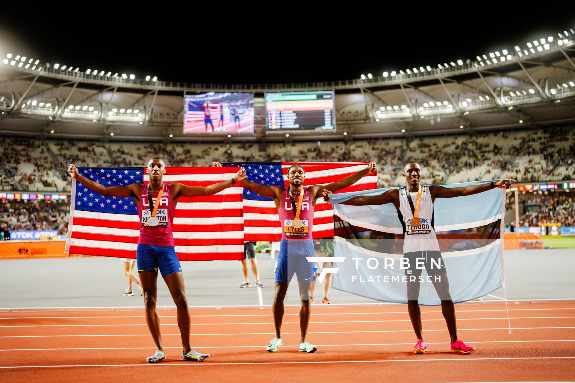 Erriyon Knighton (USA/United States), Noah Lyles (USA/United States), Letsile Tebogo (BOT/Botswana) during the 200 Metres Final on Day 7 of the World Athletics Championships Budapest 23 at the National Athletics Centre in Budapest, Hungary on August 25, 2023.