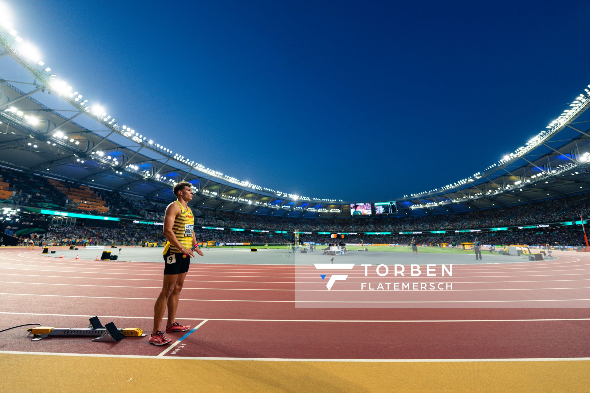 Jean Paul Bredau (GER/Germany) during the 4x400 Metres Relay on Day 8 of the World Athletics Championships Budapest 23 at the National Athletics Centre in Budapest, Hungary on August 26, 2023.