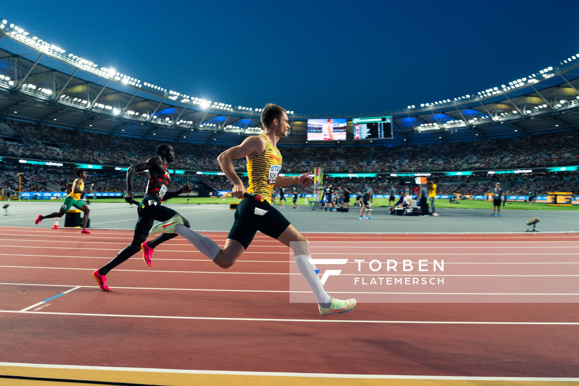 Manuel Sanders (GER/Germany)during the 4x400 Metres Relay on Day 8 of the World Athletics Championships Budapest 23 at the National Athletics Centre in Budapest, Hungary on August 26, 2023.