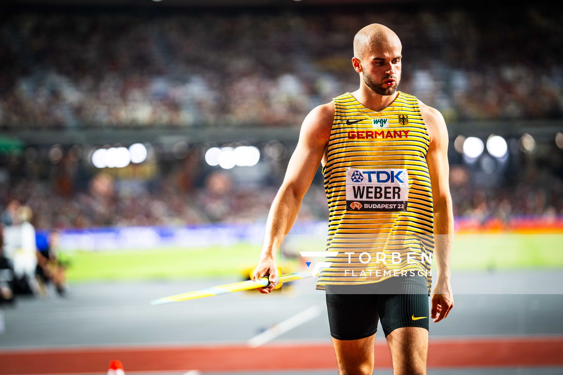 Julian Weber (GER/Germany) during the Javelin Throw Final on Day 9 of the World Athletics Championships Budapest 23 at the National Athletics Centre in Budapest, Hungary on August 27, 2023.