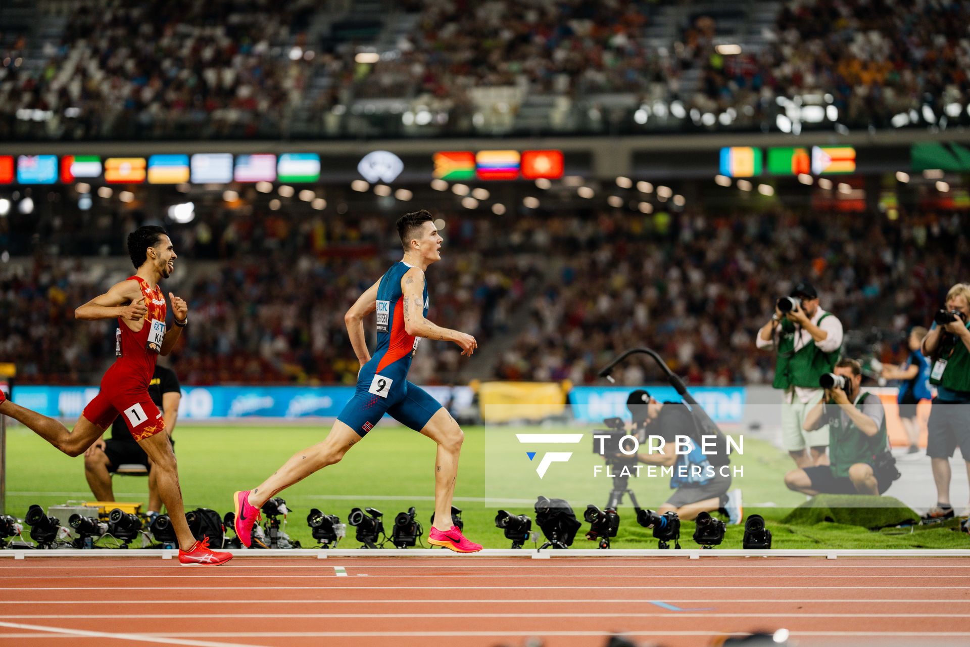 Jakob Ingebrigtsen (NOR/Norway), Mohamed Katir (ESP/Spain) during the 5000 Metres on Day 9 of the World Athletics Championships Budapest 23 at the National Athletics Centre in Budapest, Hungary on August 27, 2023.