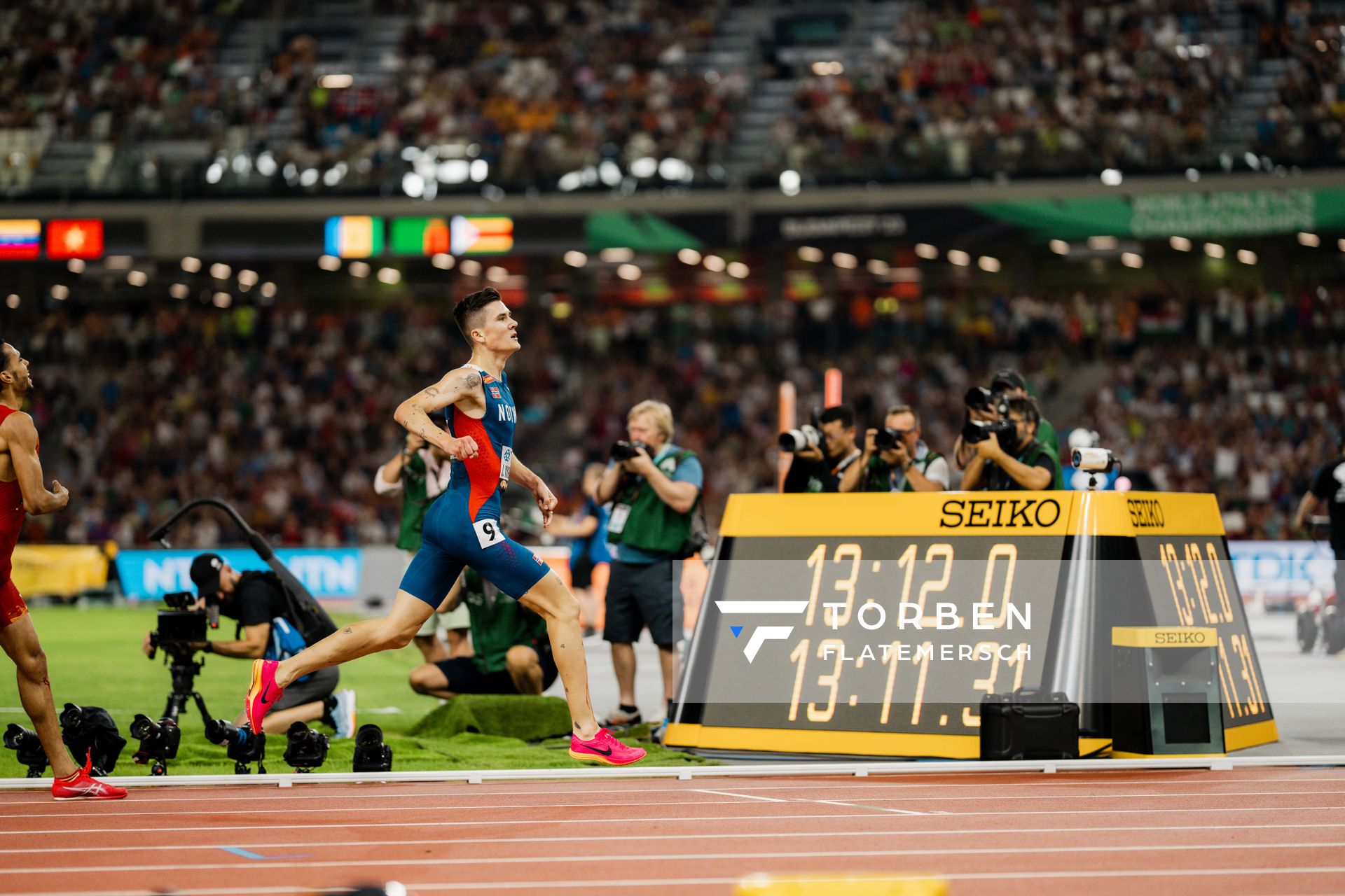 Jakob Ingebrigtsen (NOR/Norway) during the 5000 Metres on Day 9 of the World Athletics Championships Budapest 23 at the National Athletics Centre in Budapest, Hungary on August 27, 2023.