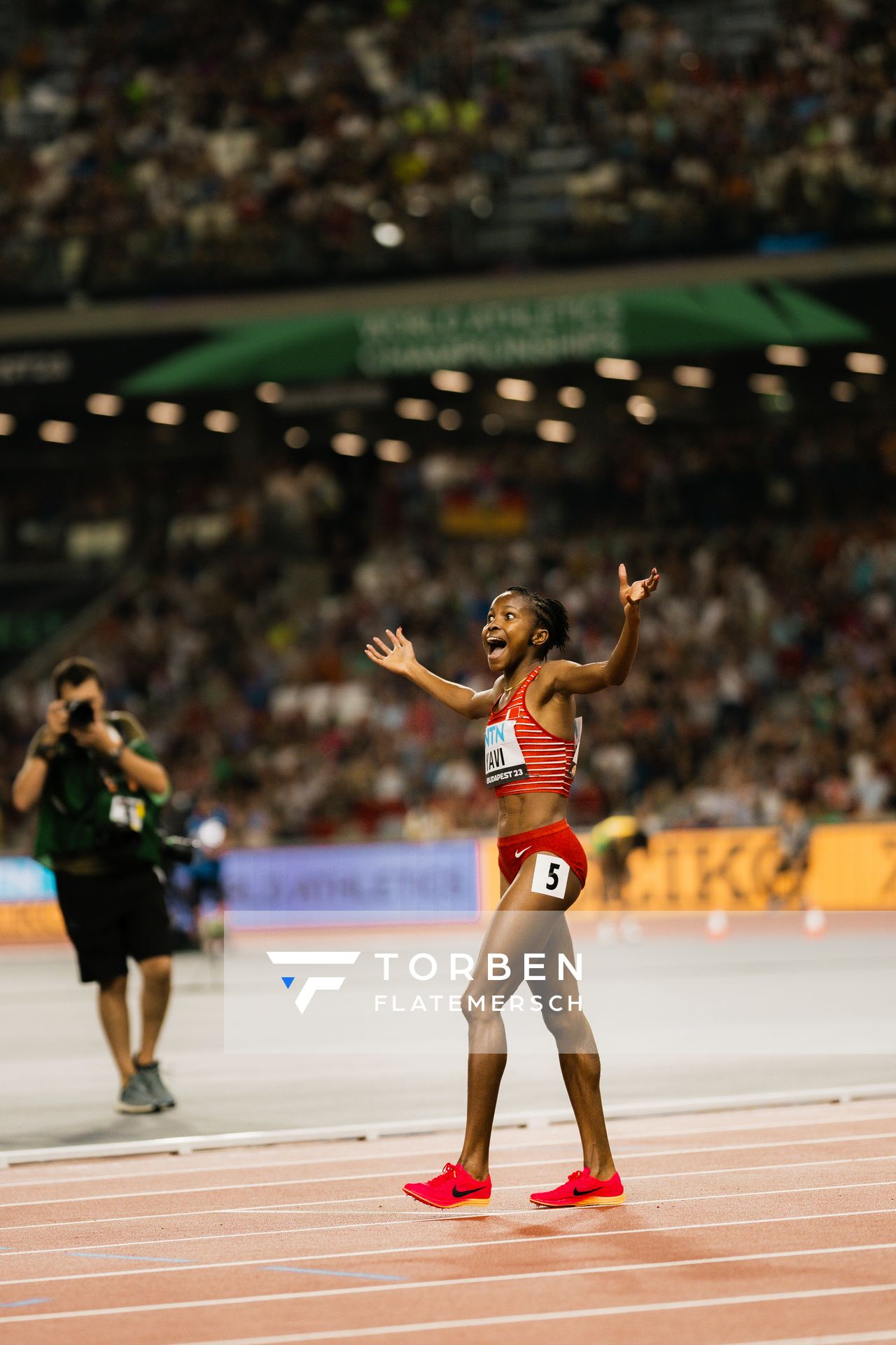 Winfred Mutile Yavi (BRN/Bahrain) during the 3000 Metres Steeplechase on Day 9 of the World Athletics Championships Budapest 23 at the National Athletics Centre in Budapest, Hungary on August 27, 2023.