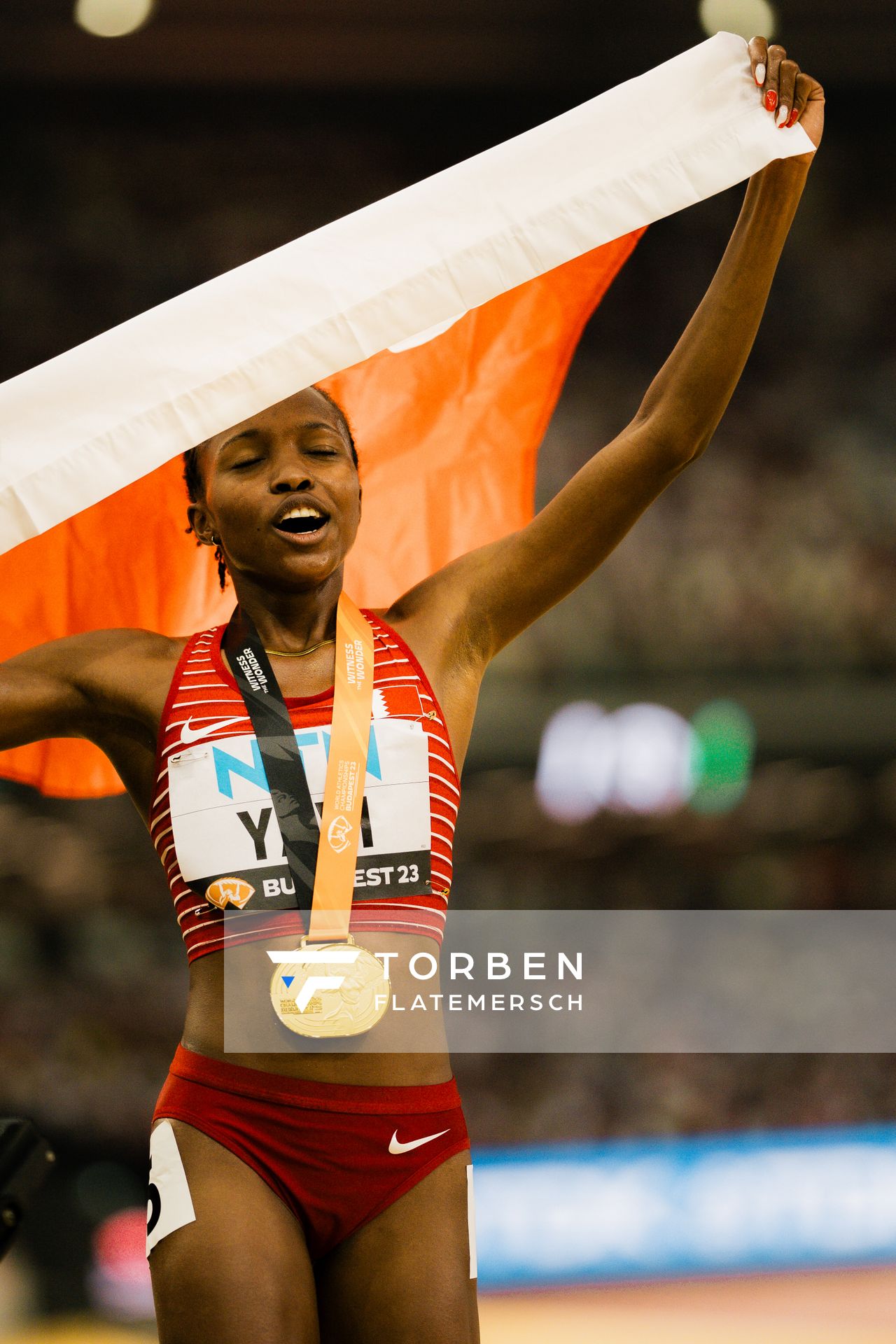Winfred Mutile Yavi (BRN/Bahrain) during the 3000 Metres Steeplechase on Day 9 of the World Athletics Championships Budapest 23 at the National Athletics Centre in Budapest, Hungary on August 27, 2023.