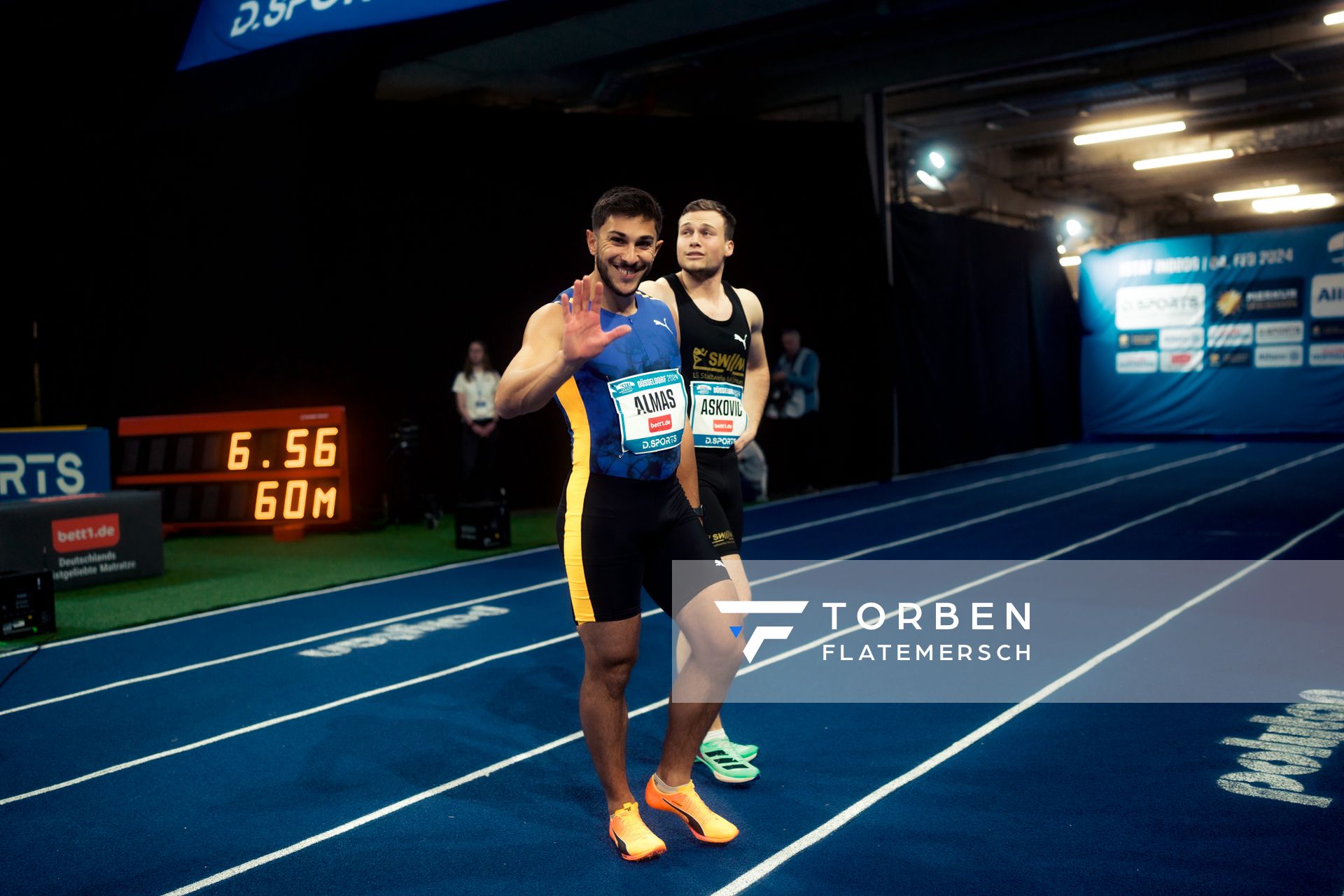Deniz Almas (GER/VfL Wolfsburg), Aleksandar Askovic (GER/LG Stadtwerke München) beim 4. ISTAF INDOOR Düsseldorf am 04.02.2024 im PSD Bank Dome in Düsseldorf