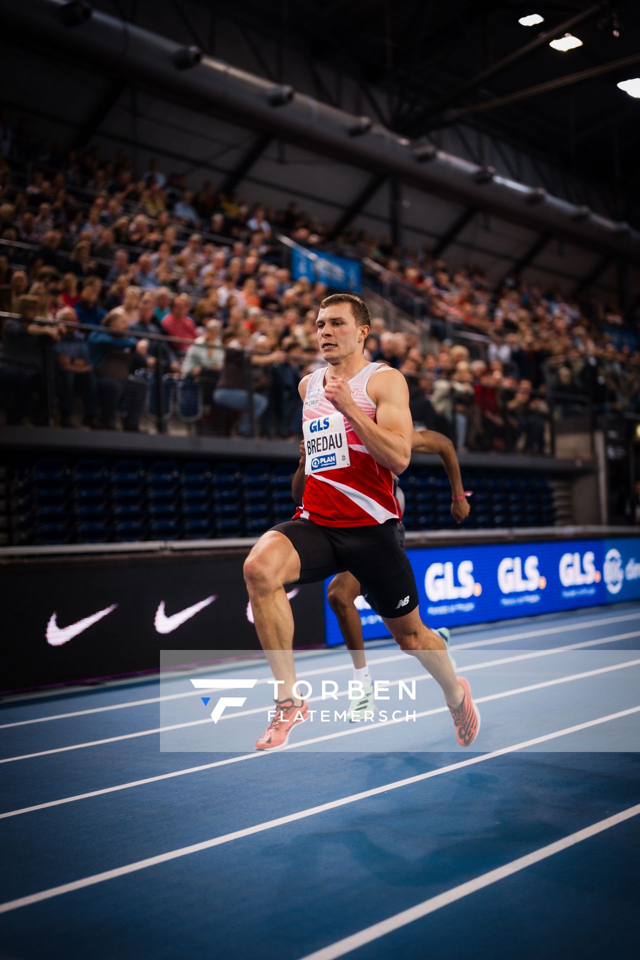 Jean Paul Bredau (SC Potsdam) in der 4x200m Staffel am 18.02.2024 während den 71. Deutschen Leichtathletik-Hallenmeisterschaften in der QUARTERBACK Immobilien ARENA in Leipzig