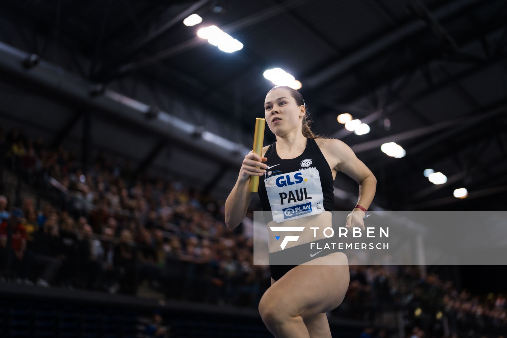 Johanna Paul (Hannover 96) in der 4x200m Staffel am 18.02.2024 während den 71. Deutschen Leichtathletik-Hallenmeisterschaften in der QUARTERBACK Immobilien ARENA in Leipzig