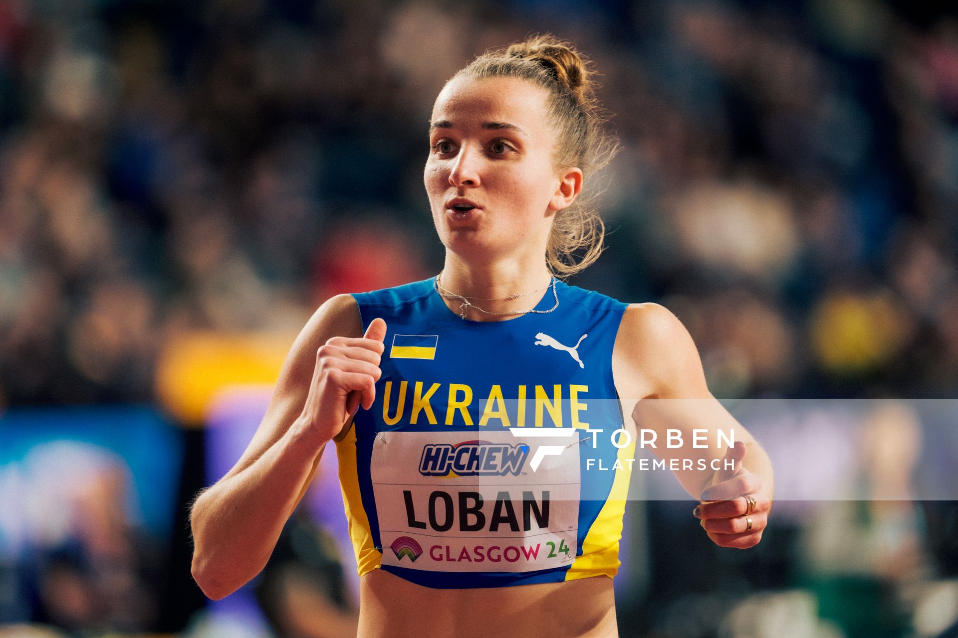 Yuliya Loban (UKR/Ukraine) am 01.03.2024 bei den World Athletics Indoor Championships in Glasgow (Schottland / Vereinigtes Königreich)