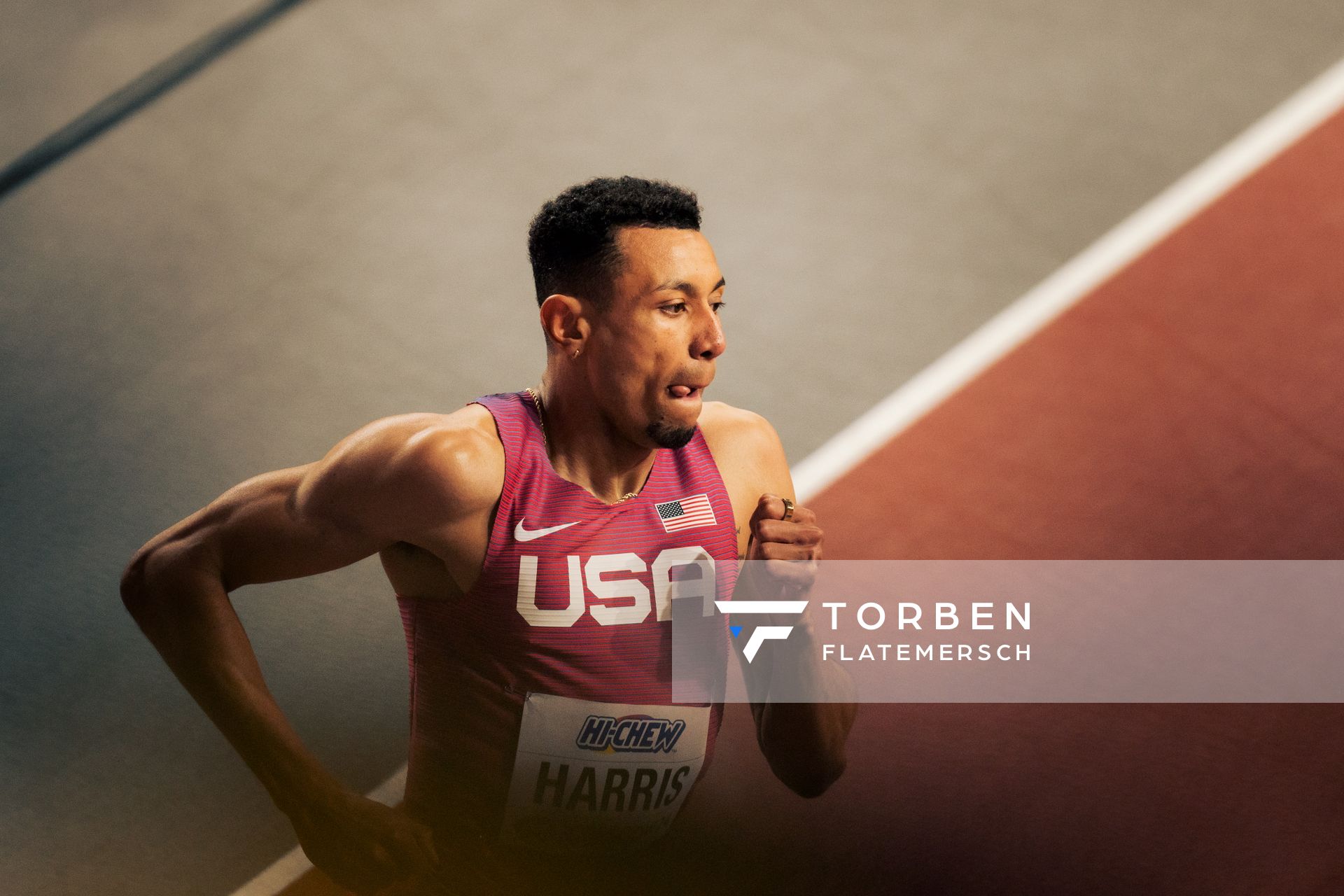 Isaiah Harris (USA/United States of America) am 01.03.2024 bei den World Athletics Indoor Championships in Glasgow (Schottland / Vereinigtes Königreich)