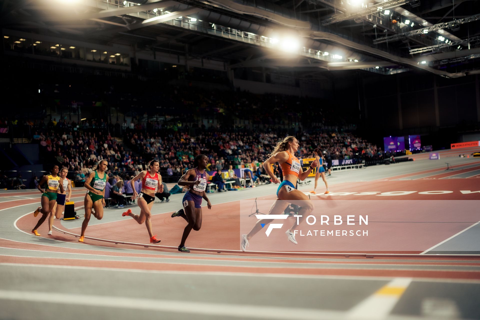 Lieke Klaver (NED/Netherlands), Talitha Diggs (USA/United States of America), Susanne Gogl-Walli (AUT/Austria), Sharlene Mawdsley (IRL/Ireland)im 400m Halbfinale am 01.03.2024 bei den World Athletics Indoor Championships in Glasgow (Schottland / Vereinigtes Königreich)