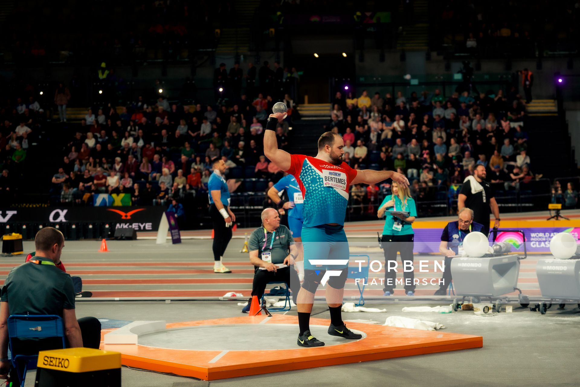 Bob Bertemes (LUX/Luxembourg) beim Kugelstoßen am 01.03.2024 bei den World Athletics Indoor Championships in Glasgow (Schottland / Vereinigtes Königreich)