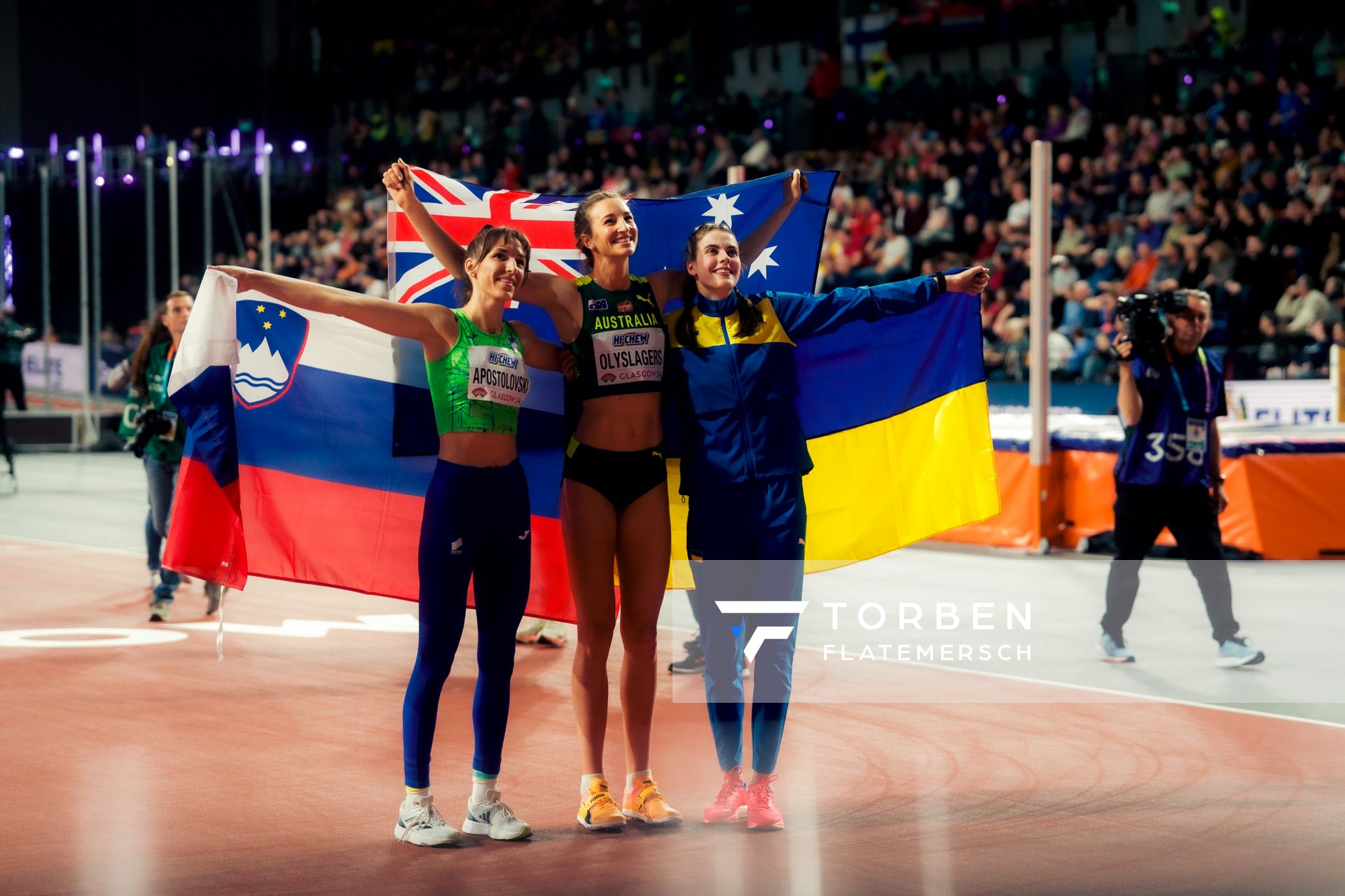 Lia Apostolovski (SLO/Slovenia), Nicola Olyslagers (AUS/Australia), Yaroslava Mahuchikh (UKR/Ukraine) am 01.03.2024 bei den World Athletics Indoor Championships in Glim Hochsprung asgow (Schottland / Vereinigtes Königreich)