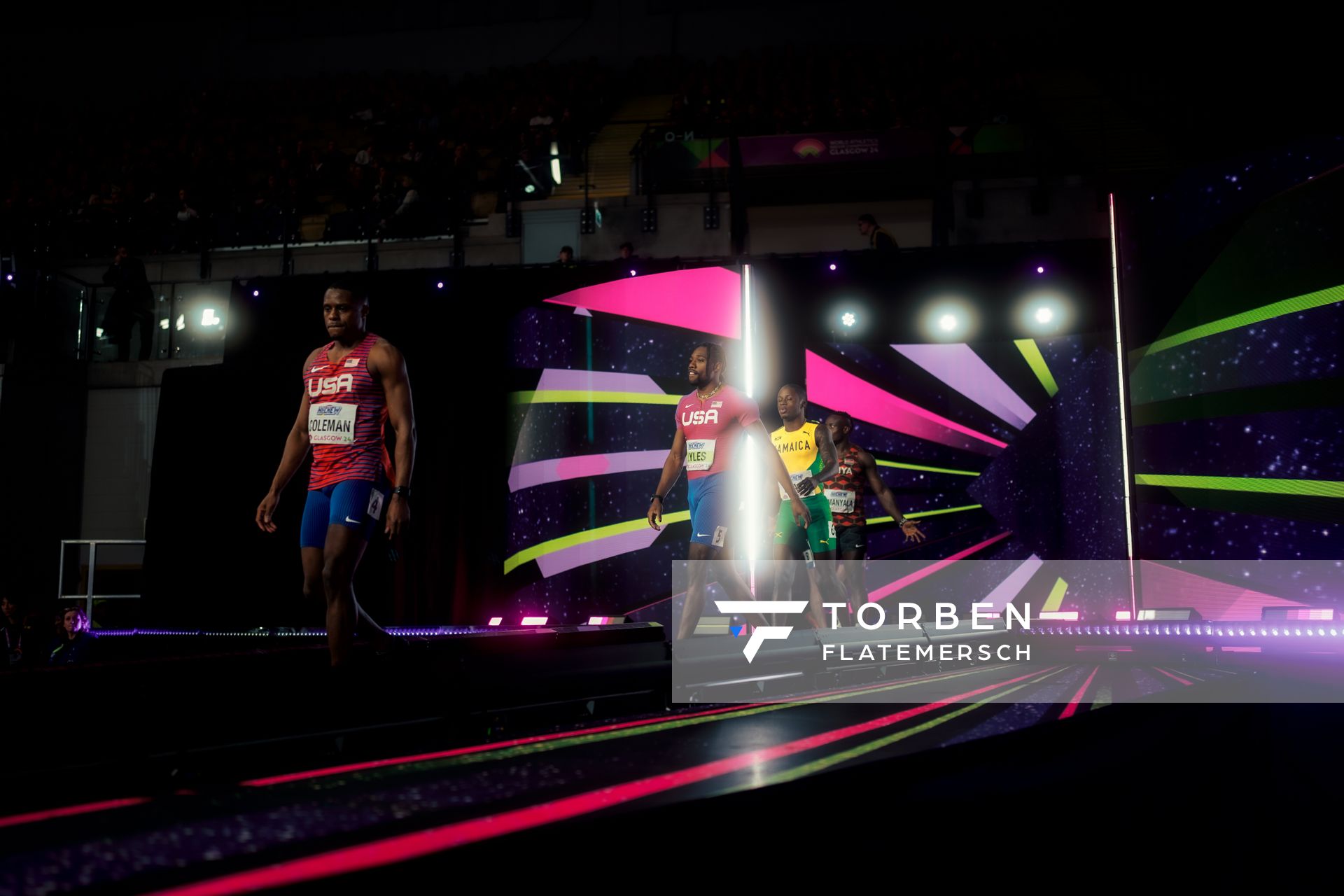 Christian Coleman (USA/United States of America), Noah Lyles (USA/United States of America), Ackeem Blake (JAM/Jamaica) am 01.03.2024 bei den World Athletics Indoor Championships in Glasgow (Schottland / Vereinigtes Königreich)