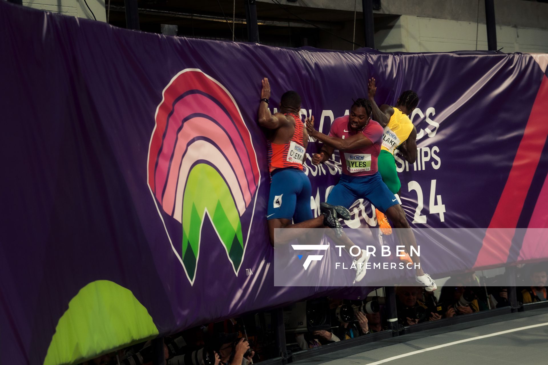 Christian Coleman (USA/United States of America), Noah Lyles (USA/United States of America), Ackeem Blake (JAM/Jamaica) am 01.03.2024 bei den World Athletics Indoor Championships in Glasgow (Schottland / Vereinigtes Königreich)