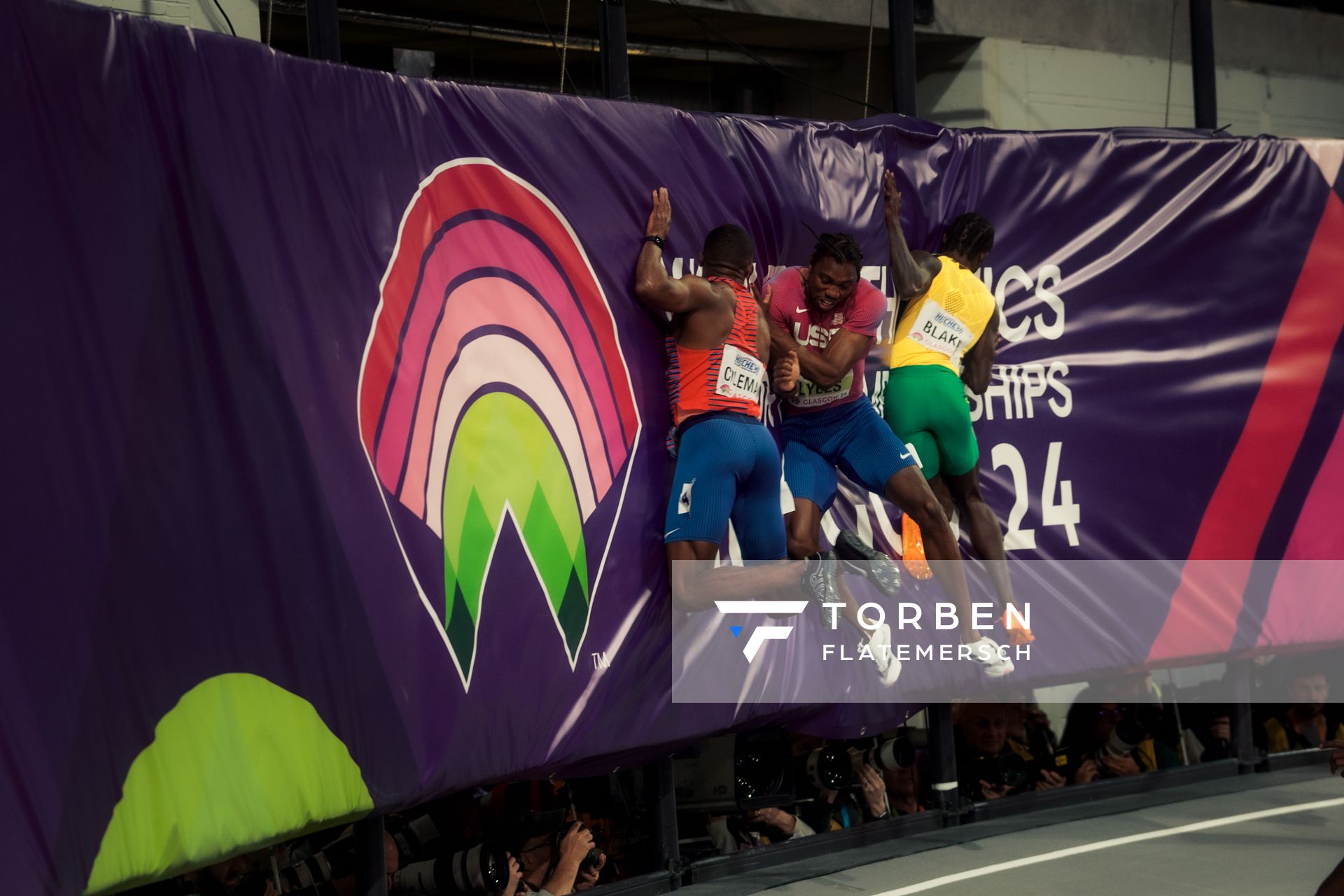 Christian Coleman (USA/United States of America), Noah Lyles (USA/United States of America), Ackeem Blake (JAM/Jamaica) am 01.03.2024 bei den World Athletics Indoor Championships in Glasgow (Schottland / Vereinigtes Königreich)