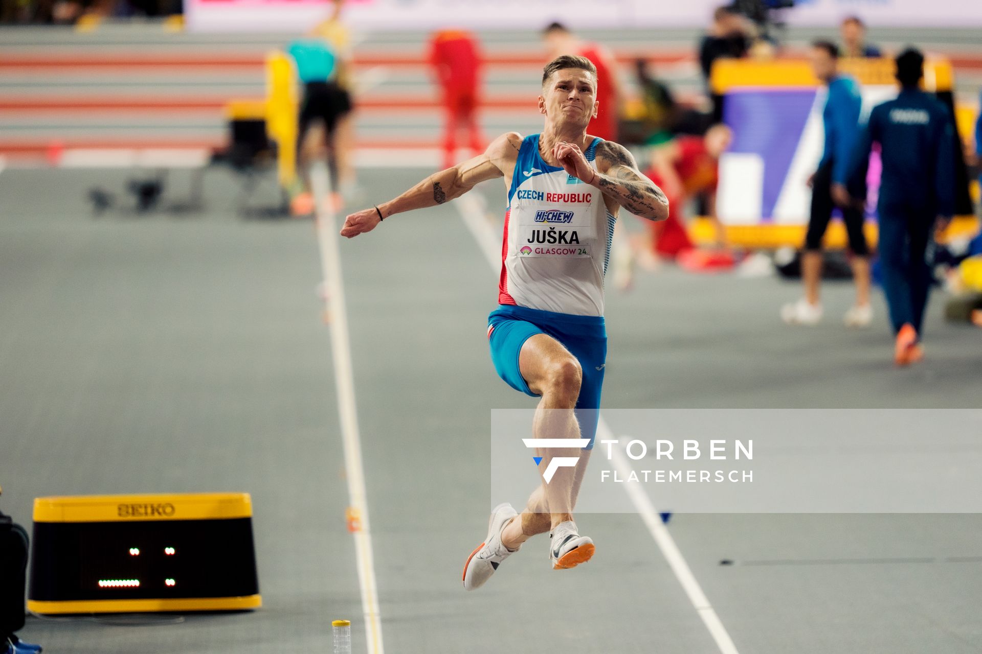 Radek Juska (CZE/Czechia) im Weitsprung am 02.03.2024 bei den World Athletics Indoor Championships in Glasgow (Schottland / Vereinigtes Königreich)