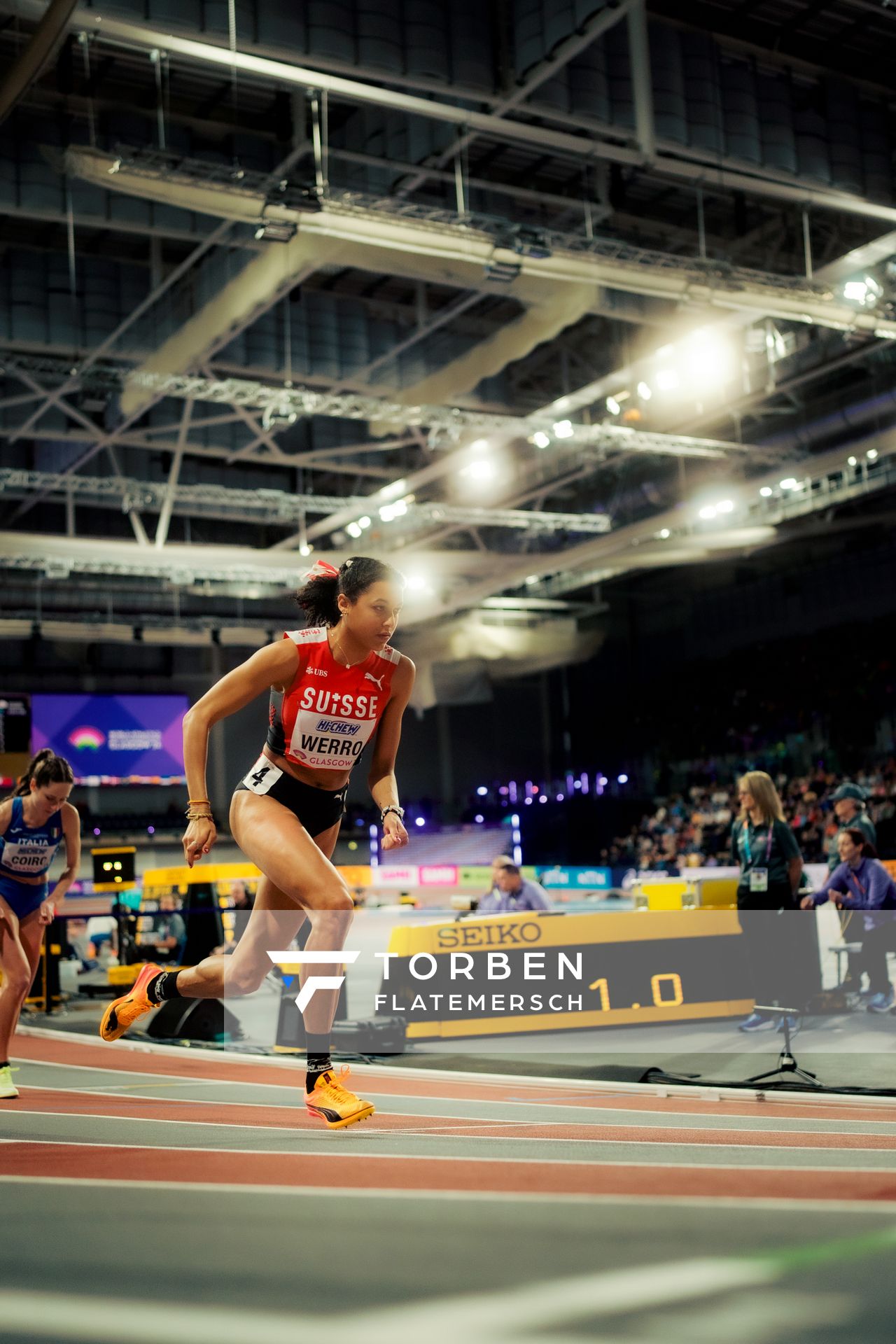 Audrey Werro (SUI/Switzerland) im 800m Halbfinale am 02.03.2024 bei den World Athletics Indoor Championships in Glasgow (Schottland / Vereinigtes Königreich)