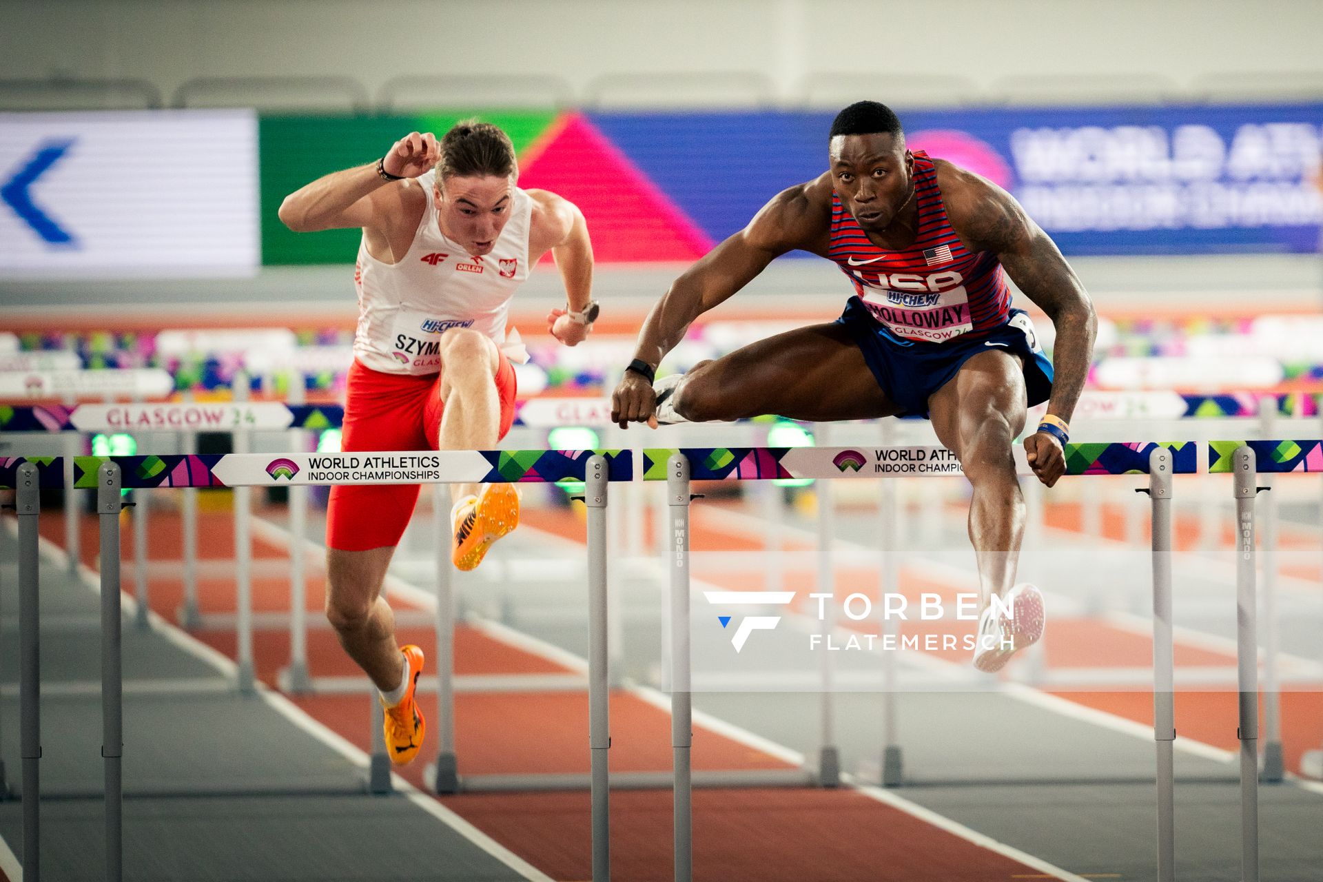 Jakub Szymanski (POL/Poland), Grant Holloway (USA/United States of America) im 60 Hürden Finale am 02.03.2024 bei den World Athletics Indoor Championships in Glasgow (Schottland / Vereinigtes Königreich)