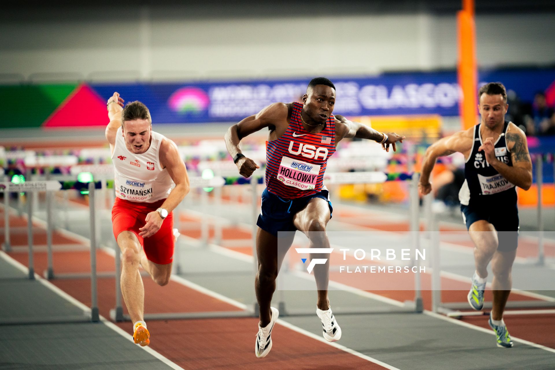 Jakub Szymanski (POL/Poland), Grant Holloway (USA/United States of America), Milan Trajkovic (CYP/Cyprus) im 60 Hürden Finale am 02.03.2024 bei den World Athletics Indoor Championships in Glasgow (Schottland / Vereinigtes Königreich)