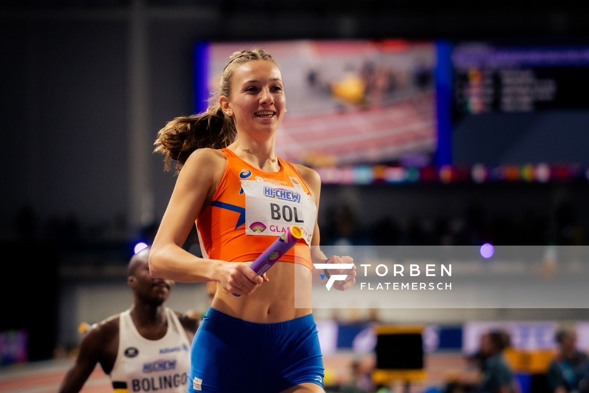 Femke Bol (NED/NEtherlands) in der 4x400m Staffel Vorlauf am 03.03.2024 bei den World Athletics Indoor Championships in Glasgow (Schottland / Vereinigtes Königreich)