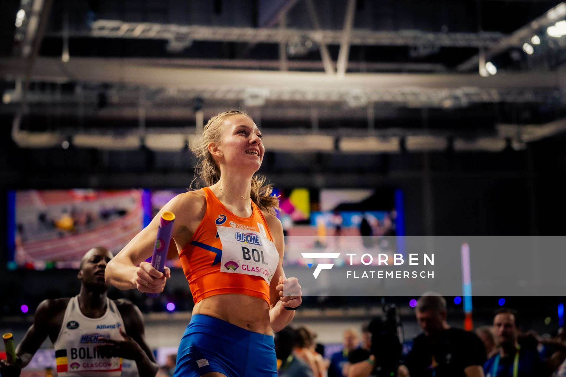 Femke Bol (NED/NEtherlands) in der 4x400m Staffel Vorlauf am 03.03.2024 bei den World Athletics Indoor Championships in Glasgow (Schottland / Vereinigtes Königreich)