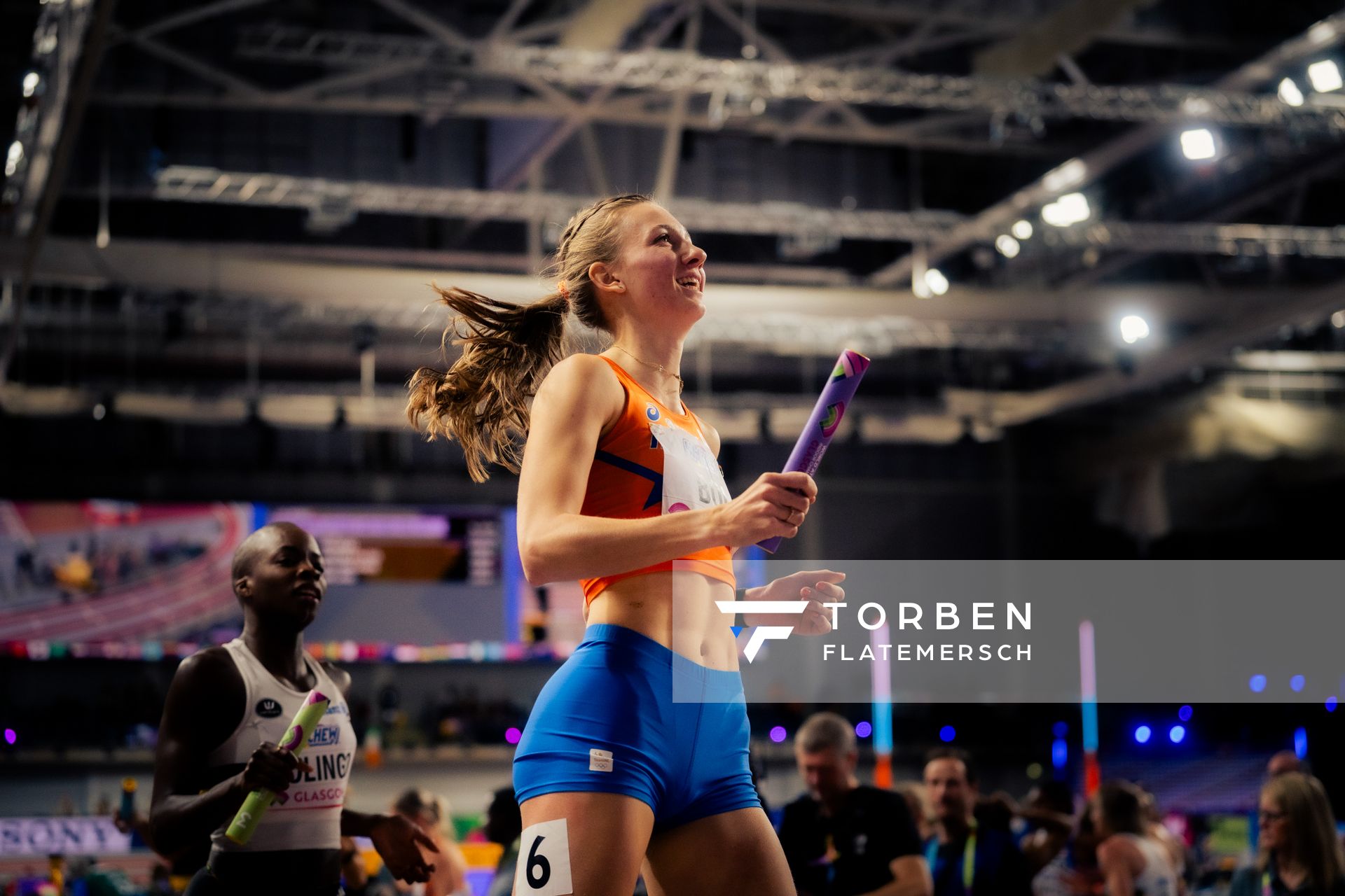 Femke Bol (NED/NEtherlands) in der 4x400m Staffel Vorlauf am 03.03.2024 bei den World Athletics Indoor Championships in Glasgow (Schottland / Vereinigtes Königreich)