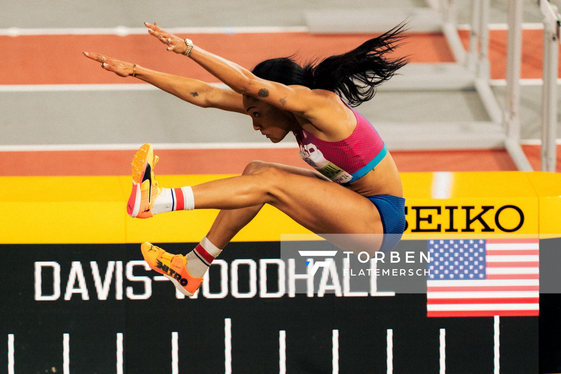 Tara Davis-Woodhall (USA/United States of America) am 03.03.2024 bei den World Athletics Indoor Championships in Glasgow (Schottland / Vereinigtes Königreich)