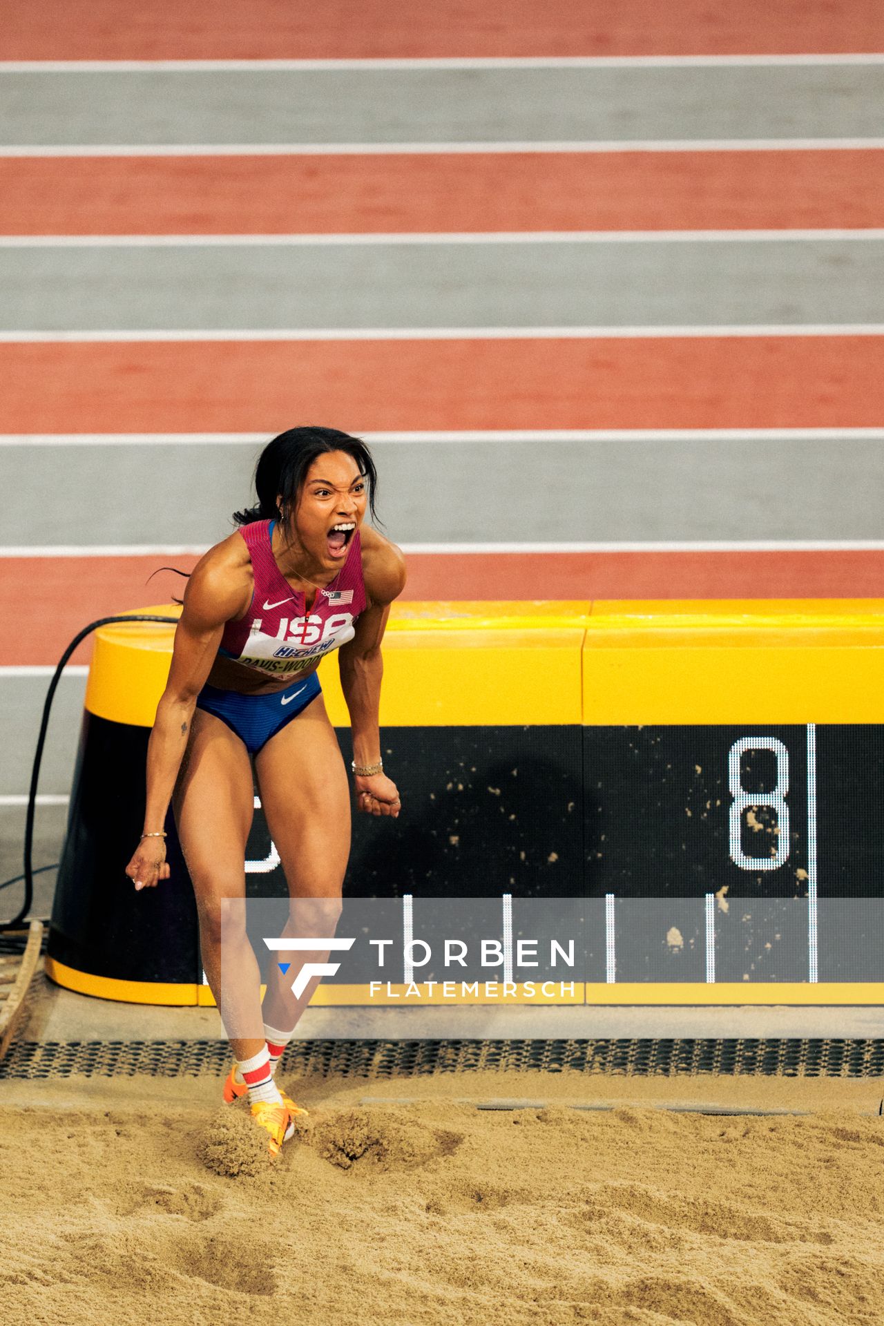 Tara Davis-Woodhall (USA/United States of America) am 03.03.2024 bei den World Athletics Indoor Championships in Glasgow (Schottland / Vereinigtes Königreich)
